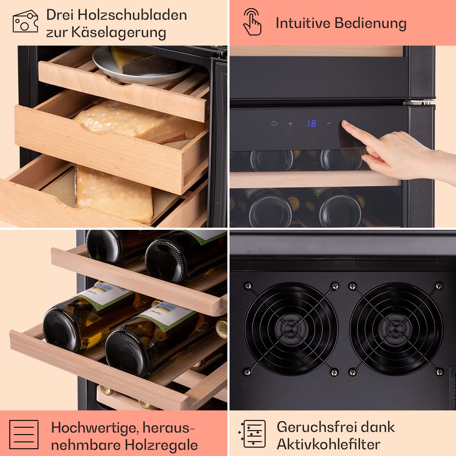 Klarstein Käse- und Weinkühlschrank 89L mit Glastür LED-Display Hygrometer 12-23°C