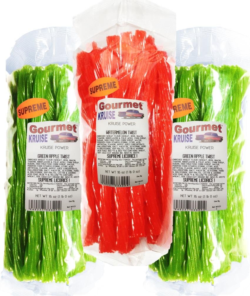 Green Apple Licorice Twist 2-1lb Bags (1) Watermelon Twist Licorice 1lb (NET WT 48 OZ) Gourmet Kruise Signature Gifts