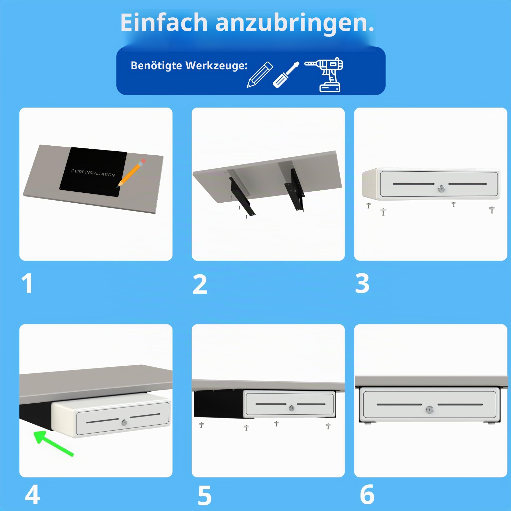 Untertisch-Halterung für Kassenschublade - 2x Montageschienen für 33x33cm Geldschublade, einfache Montage, robuster Stahl, Halterung für Registrierkasse & Kassensysteme