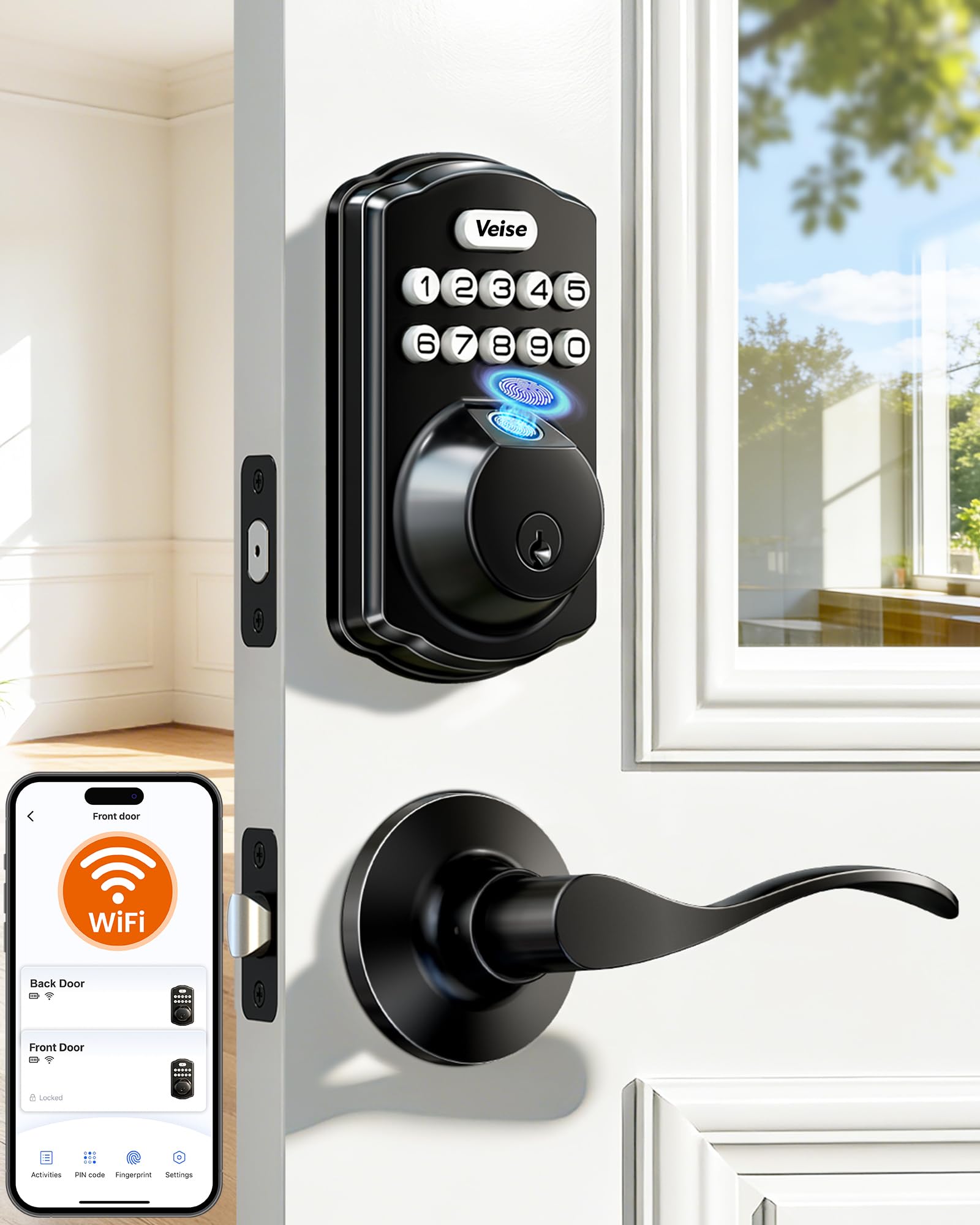 Wi-Fi Fingerprint Smart Lock with Handle Set, Remote App Control, Keyless Entry Front Door Lever, Built-in WiFi No Hub Needed, Backlit Keypad Deadbolt, Auto-Locking, Matte Black