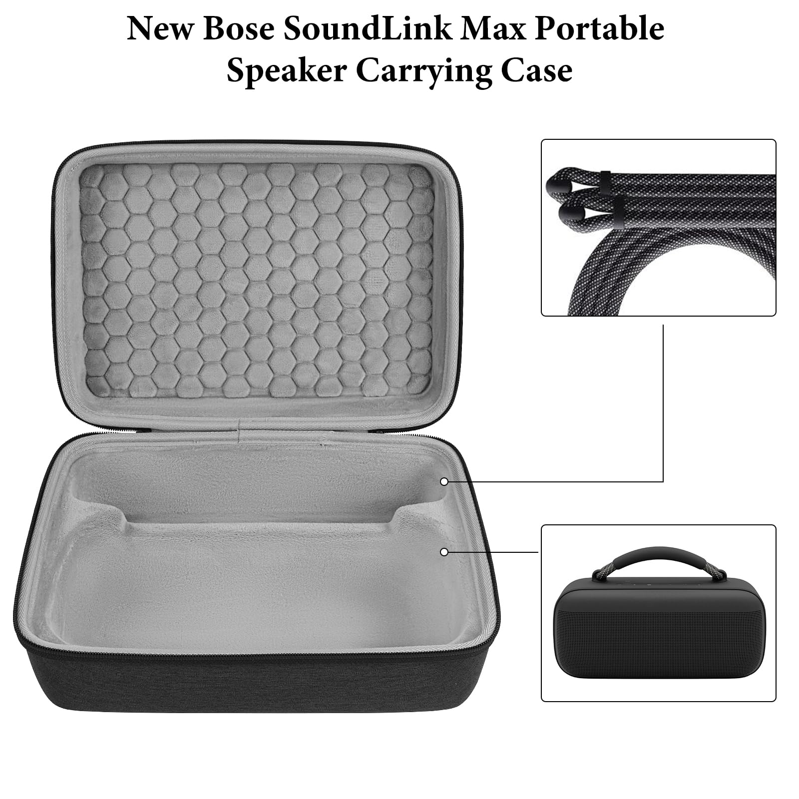 Geekria Shield - Funda rígida para altavoz compatible con Bose SoundLink Max, funda protectora portátil con interior suave, bolsa de almacenamiento a prueba de golpes con almacenamiento de cables
