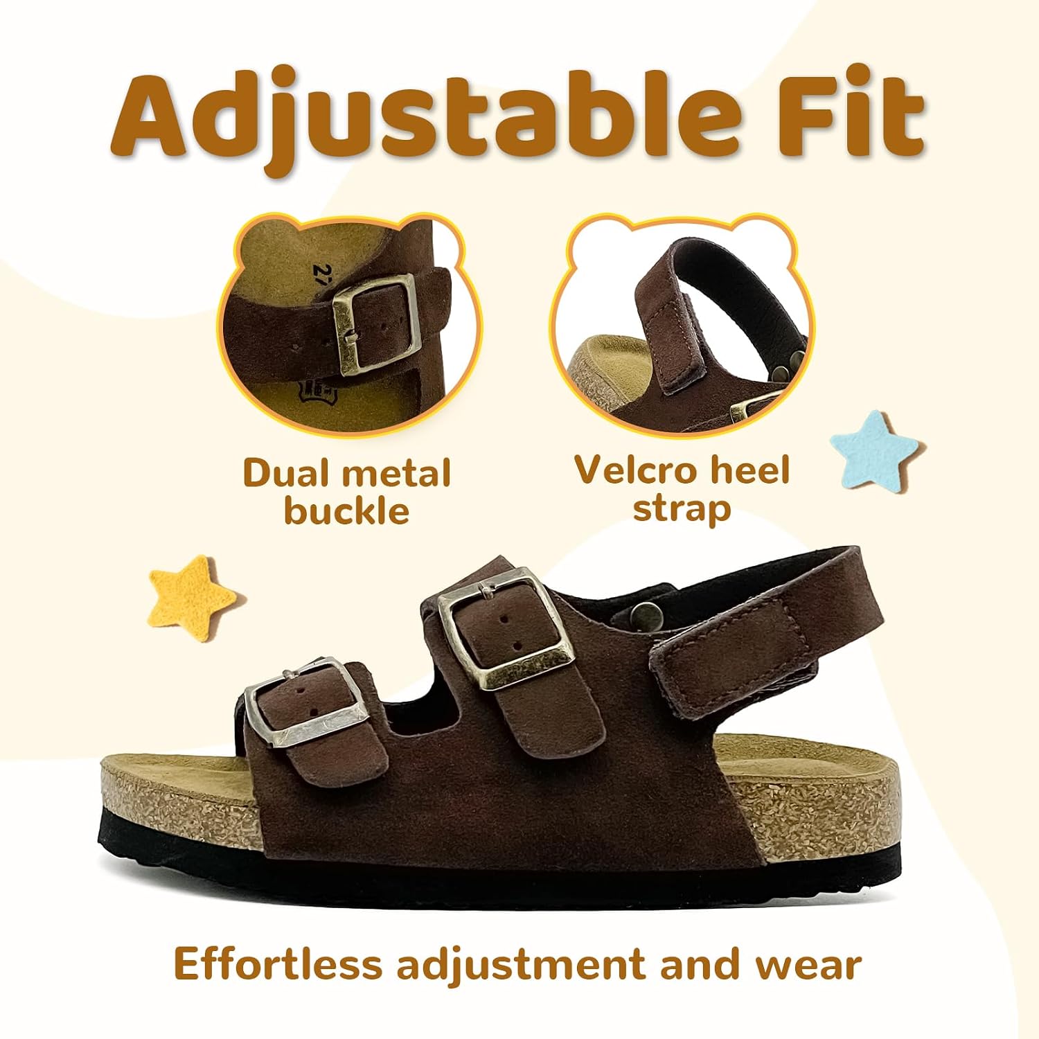 Kids Toddler Sandals Girls Non-Slip Footbed Slides Boys Adjustable Buckle Slippers Strappy Wedges with Comfortable Plush & Soft Insole