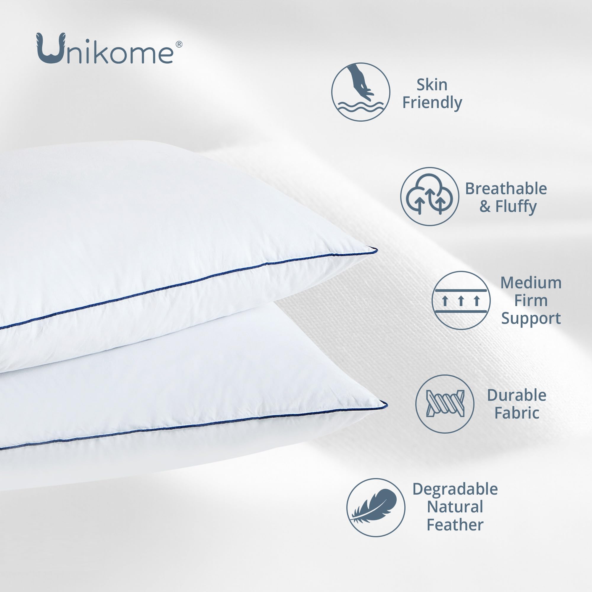 UNIKOME Oreiller en Plumes 40x60cm Set de 2, Luxueux Oreiller en Plumes d'oie, 100% Housse en Coton Bio Collection Hôtel Oreiller de lit, Oeko-TEX | Garnissage en duvet d'oie de qualité supérieure, moelleux, respirant, housse 100 % coton, lavable, certifi
