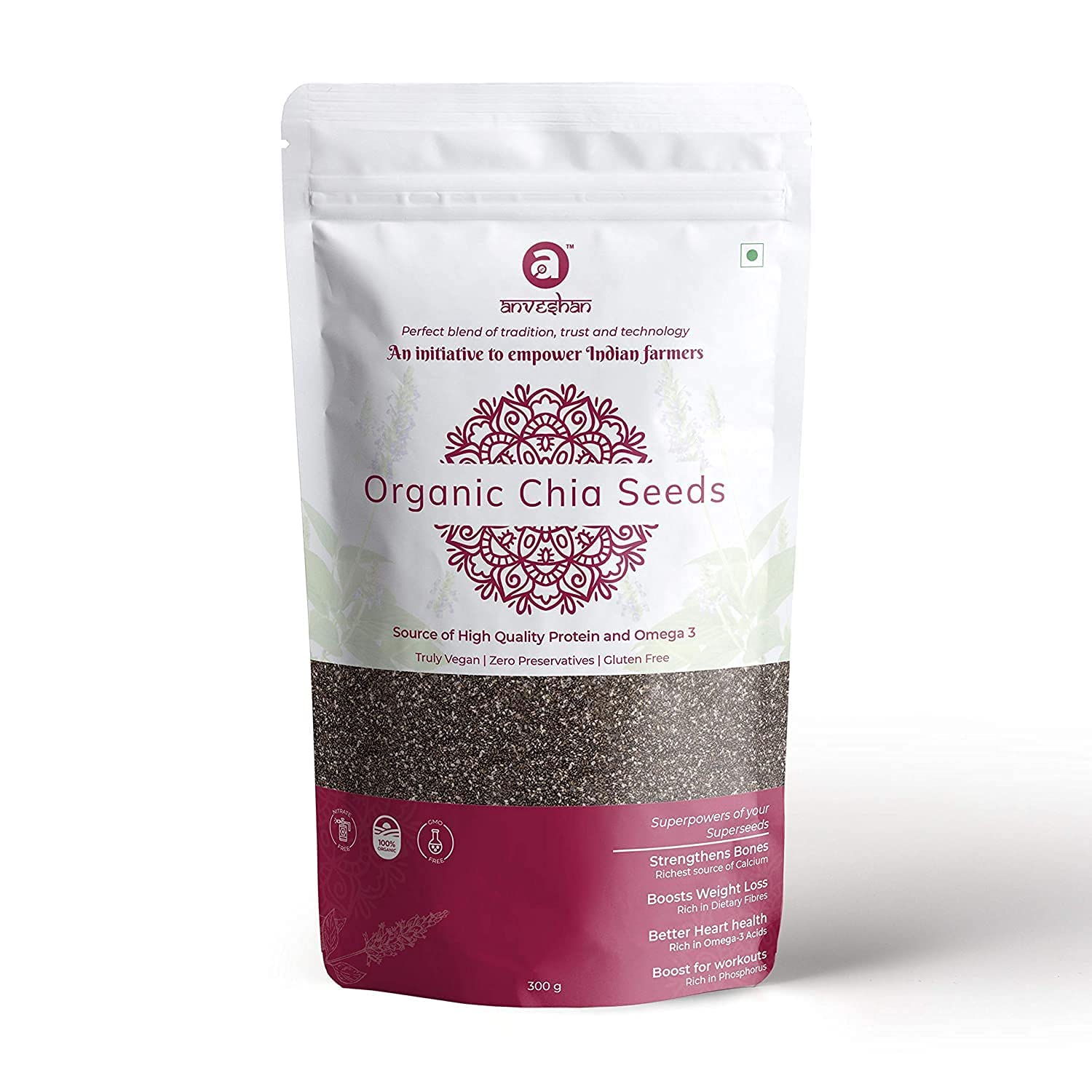 QURA Organiczne nasiona chia | nieprażone, certyfikat USDA, zarządzanie utratą wagi, bogate w kwasy tłuszczowe omega-3, woreczek 300 g