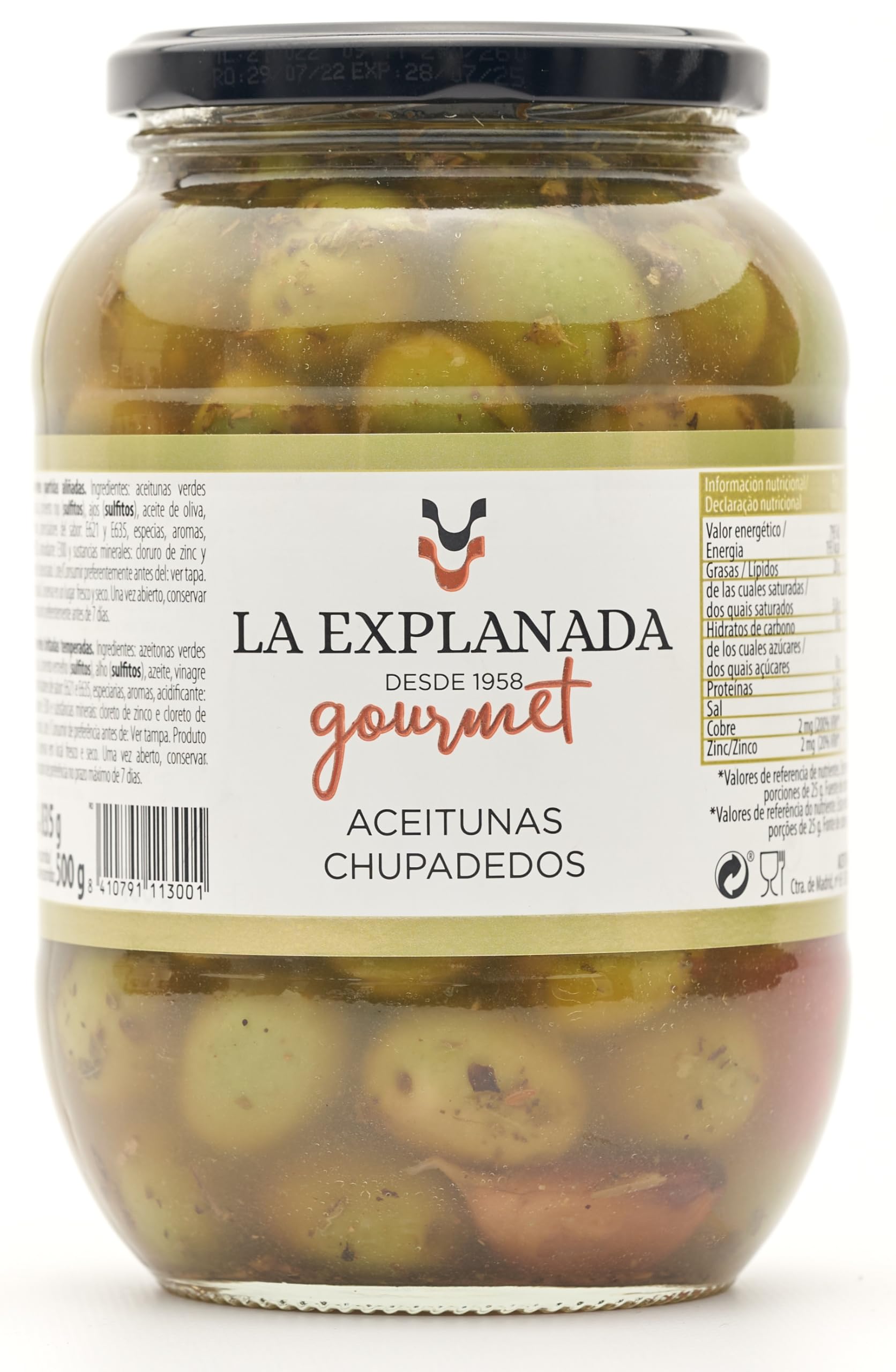 LA EXPLANADA | Aceitunas Chupadedos 835 g. formato tarro [PACK DE 3 UNIDADES] - Aceitunas Cazorla- Peso neto escurrido total 1500g
