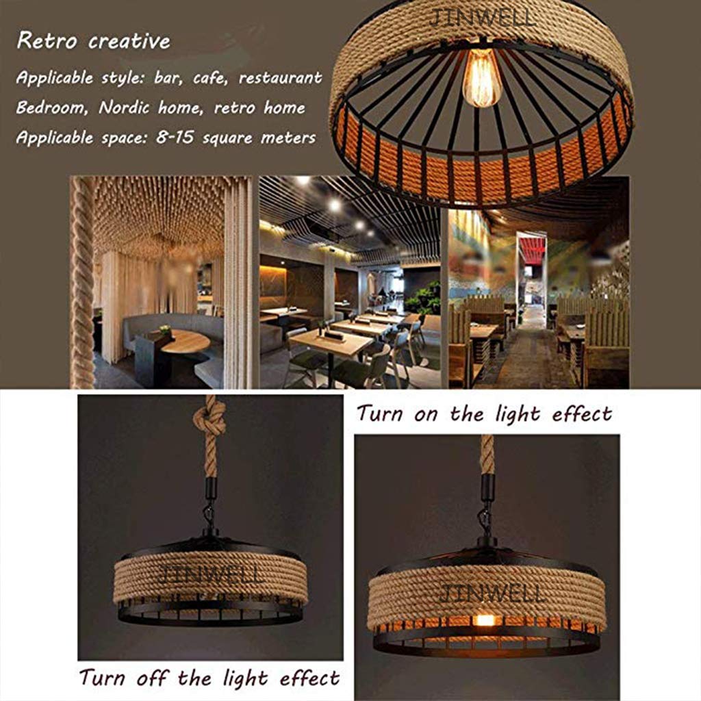 Lampa wisząca w stylu vintage/industrialnym/retro - żyrandol do salonu, okrągły, lina konopna, żelazna klatka, gwint E27, 1 głowica