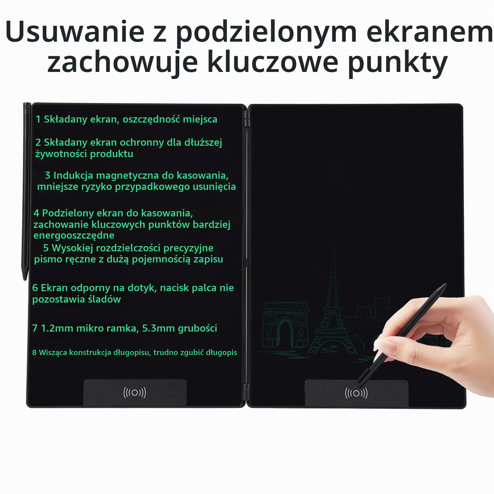 EMEBAY Tablet do pisania 14,3" składany ekran LCD, ultracienki cyfrowy notatnik dla dzieci i dorosłych, wymazywalny notatnik do tabletu, pisania, rysowania, zostaw wiadomość
