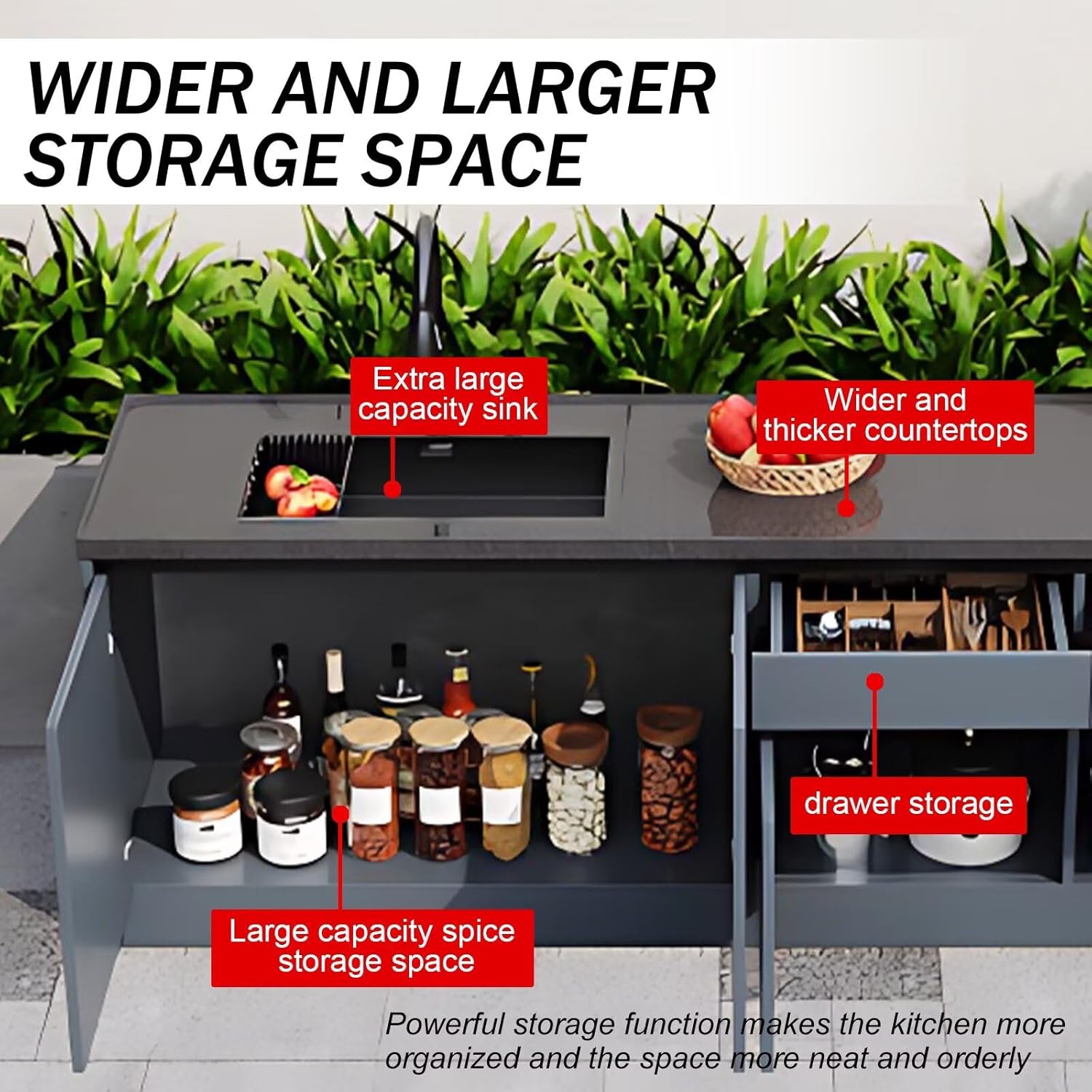 Outdoor Kitchen Cabinet - Outdoor Laundry Sink with Table Includes Hidden Handle & Blue Gray Cabinet,Kitchen Table Includes Stainless Steel Sink & Rock Slab Countertop(62.99IN)