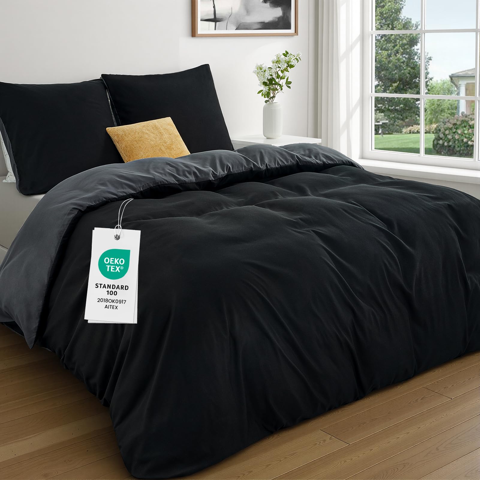 Duvetnova Black/Grey Super King Size Duvet Cover Sets Reversible Soft Brushed Microfiber Bedding Set with Zipper Closure OEKO-TEX Wrinkle-Free 260x220cm with 2 Pillow Cases
