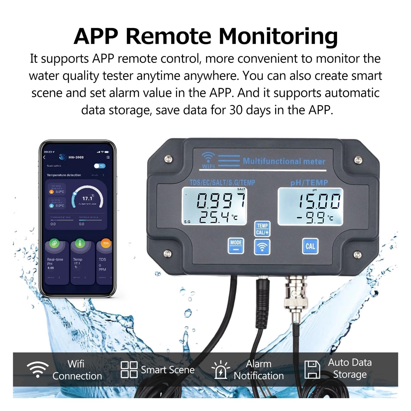 Detector De Calidad Del Agua 6 En 1, WIFI, PH/EC/TDS/SALT/SG/medidor Prueba Temperatura, Alarma Remota, Analizador Digital Amplio Rango NuméRico