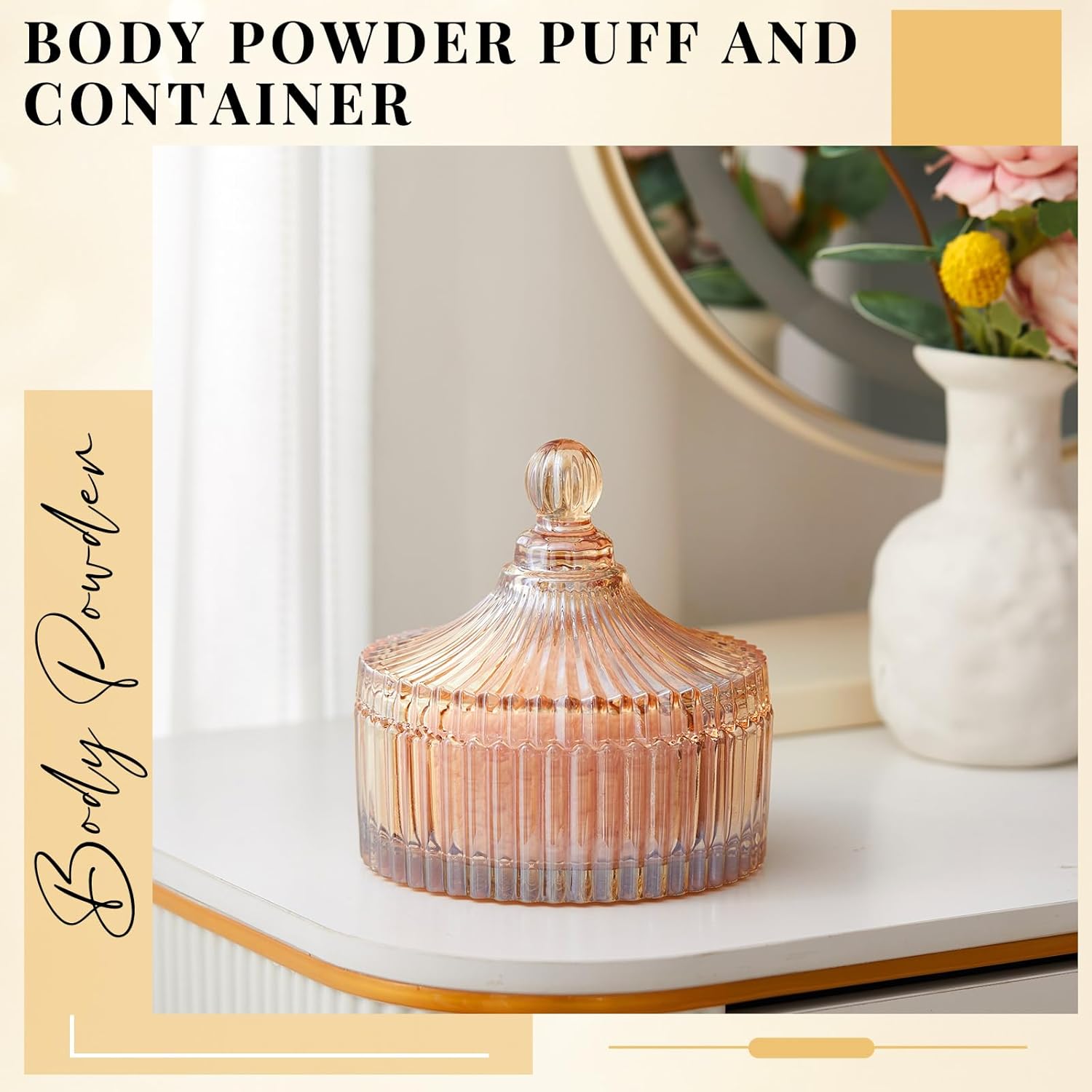 Tioncy 2 Pcs Extra Large Dusting Powder Puff and Container for Women-6'' Glass Crystal Dusting Powder Container with Body Soft Washable Reusable Velour Face(Clear,Classic)(Amber,Classic) - Image 2