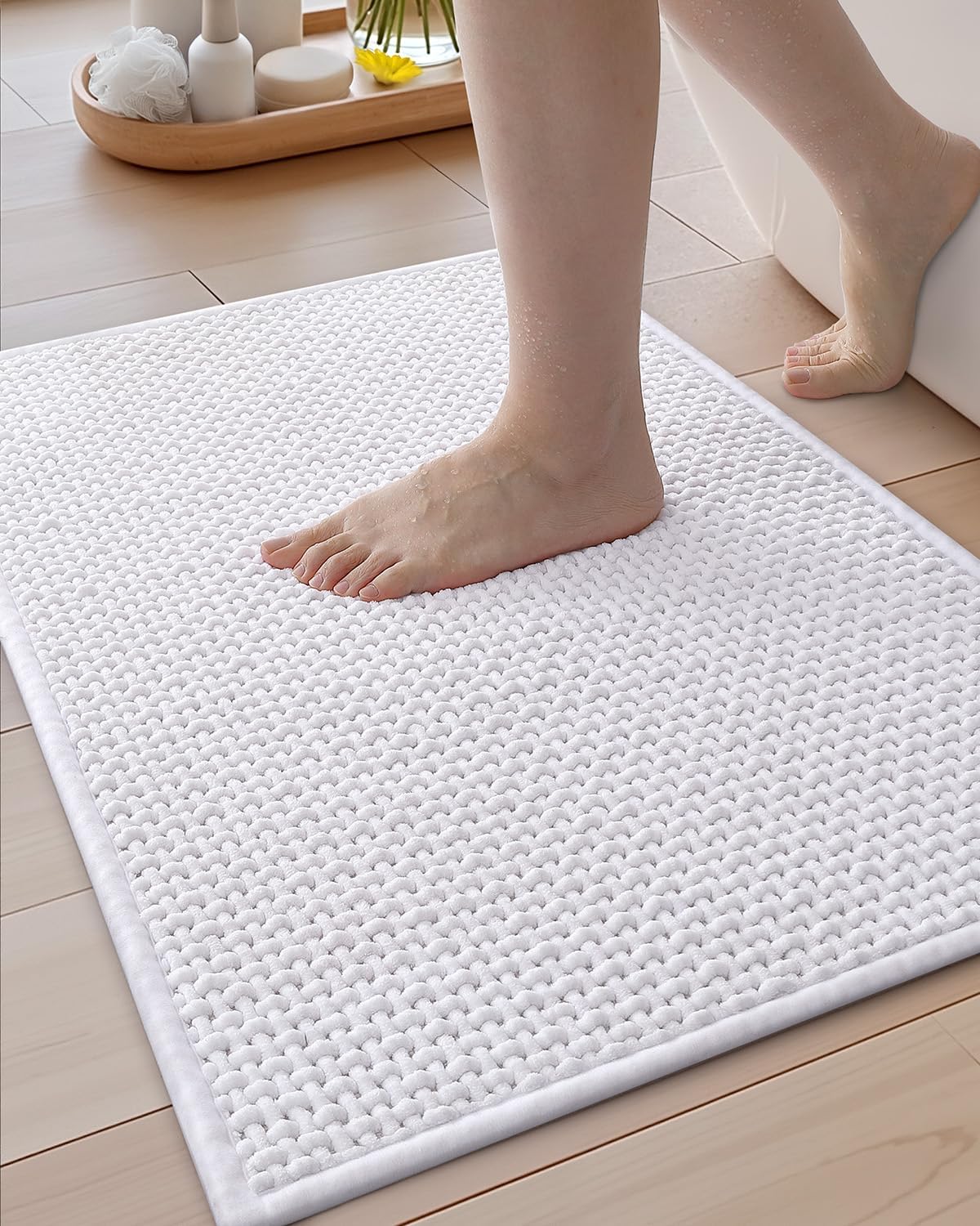 Color&Geometry Chenille Pile Bathroom Rugs Upgraded Denser, 17″x29.5″ Non Slip Absorbent White Bath Mats for Bathroom Thin Fit Under Door, Washable Quick Dry, Standard Sized