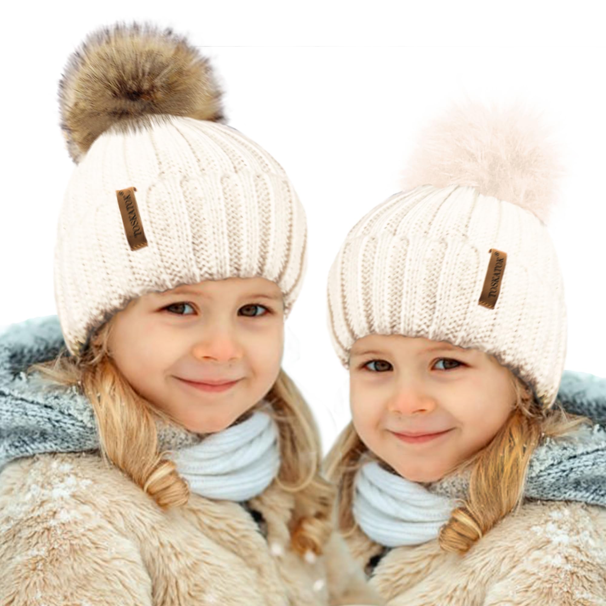 Toskatok Girls Cream Toskatok® Kids Winter Beanie Bobble Hat With Detachable Changeable Faux Fur Pom Pom