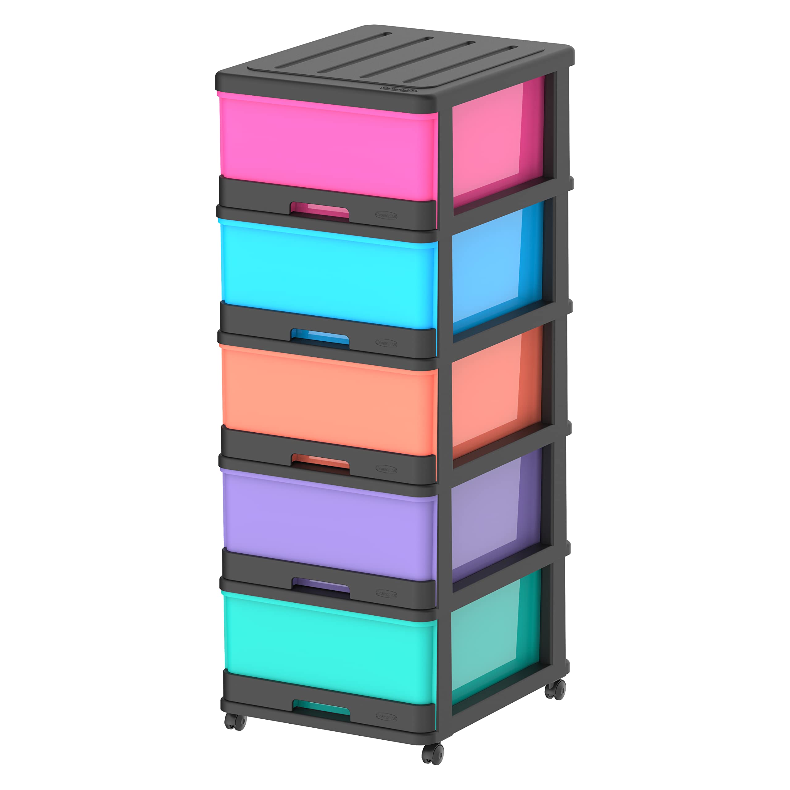 Cosmoplast 5 Tiers Storage Cabinet With Drawers And Wheels, Black Mix