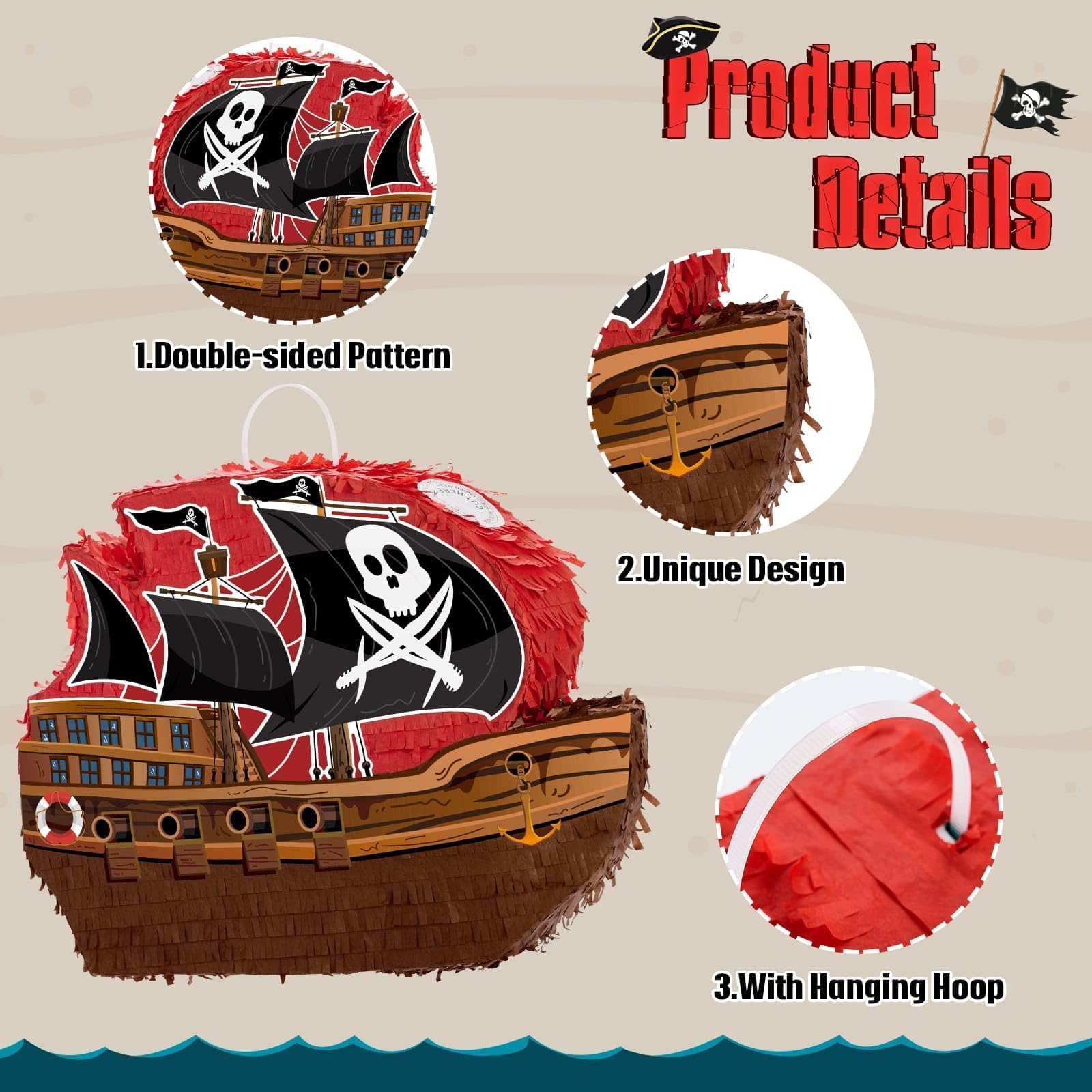 WERNNSAI Piraten Pinata – 41,9 cm x 31,6 cm x 7,5 cm Pirat Pinata Geburtstag Junge Kinder Piraten Piñata mit Stock Augenbinde Piñata Komplettes Set Abenteuer Partyspiel