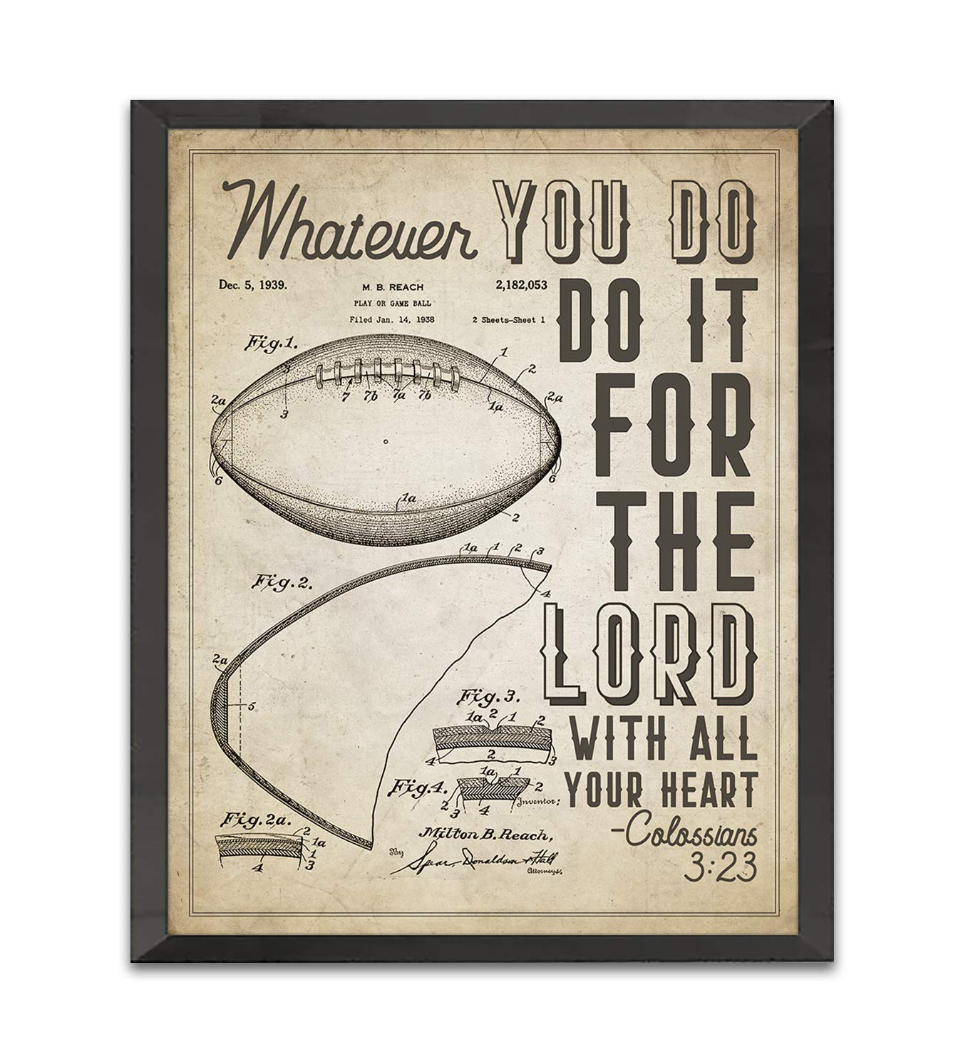 Football Patent Art with Bible Verse - "Whatever You Do, Do It for the Lord" Colossians 3:23 Christian Wall Decor, Unframed, Inspirational Poster, 8x10 inches