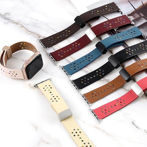 Miniatura 3 de Correas de cuero compatibles con Apple Watch de 1.49, 1.57, 1.61, 1.65, 1.73, 1.77, 1.77 pulgadas, correa hecha a mano con cuentas con diseño de