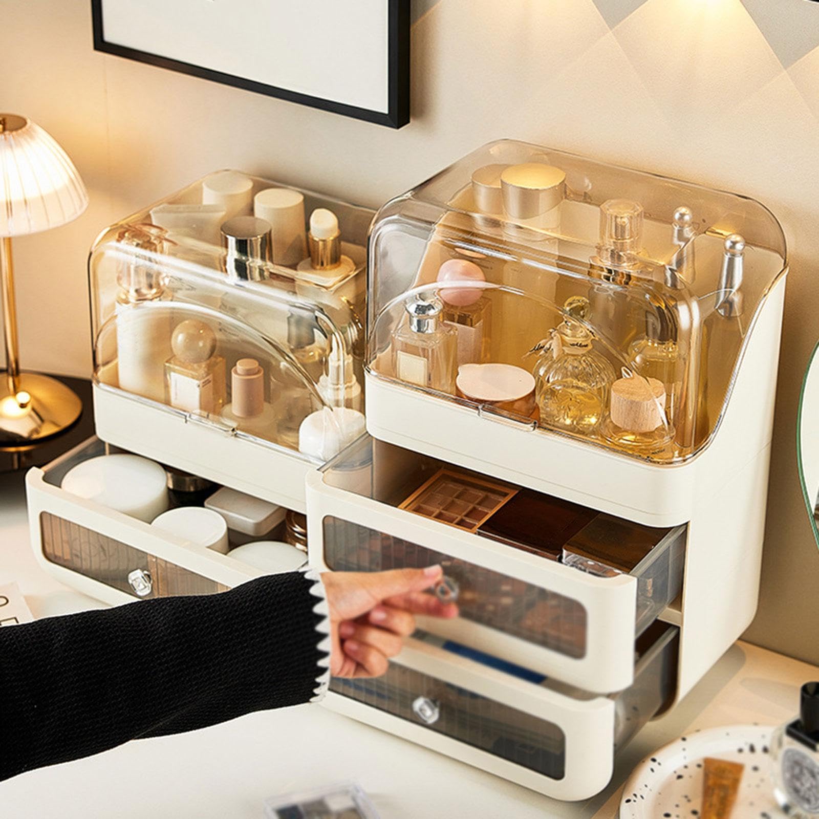 Make Up Organizer mit Vielseitigem, Transparentem Deckel – Ideal Als Aufbewahrungsbox für Kosmetikartikel auf Dem Schreibtisch Oder Der Arbeitsplatte, Cremefarben, 3-stöckig