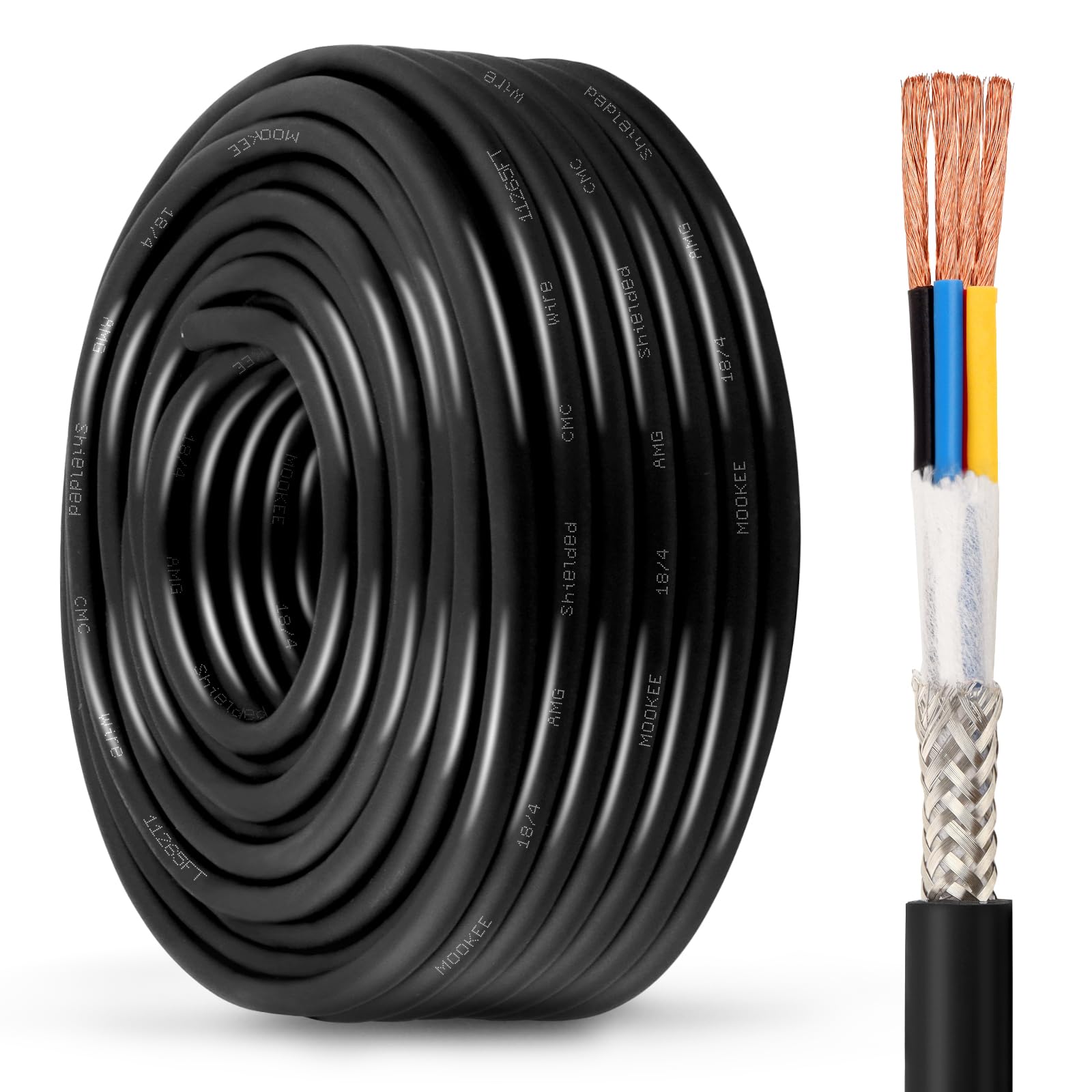 MOOKEERF 18/4 Shielded Wire 100FT,18AWG 4 Conductor Shielded Cable Stranded Pure Copper CNC Wire for CNC Router Machine,CNC VFD Spindle,3D Printer,