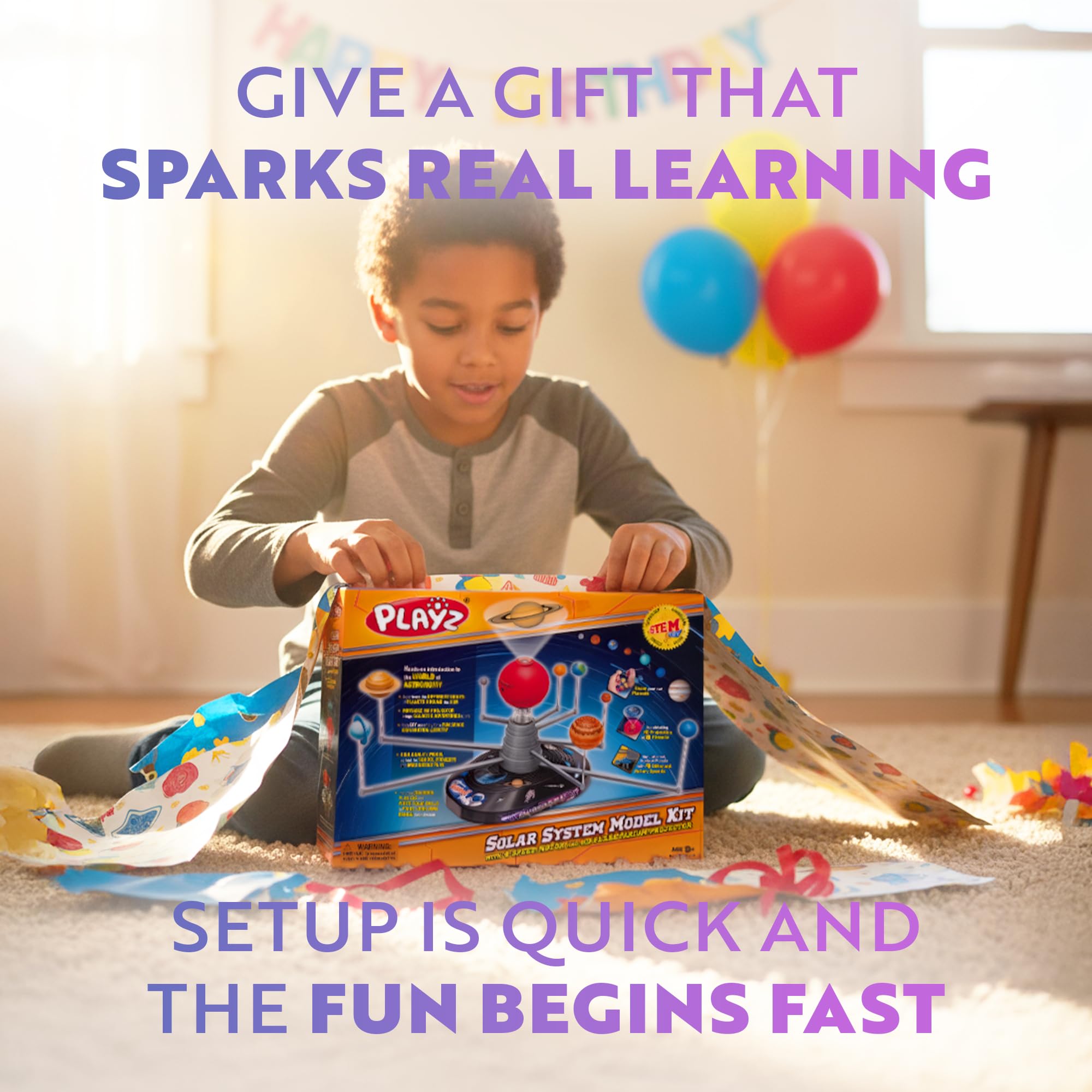 Playz Premium Solar System Model Kit for Kids - 4 Speed Motor, HD Planetarium Projector, 8 Painted Planets & 8 White Foam Balls with Paint and Brush for a Hands-On STEM DIY Project for Space Toys