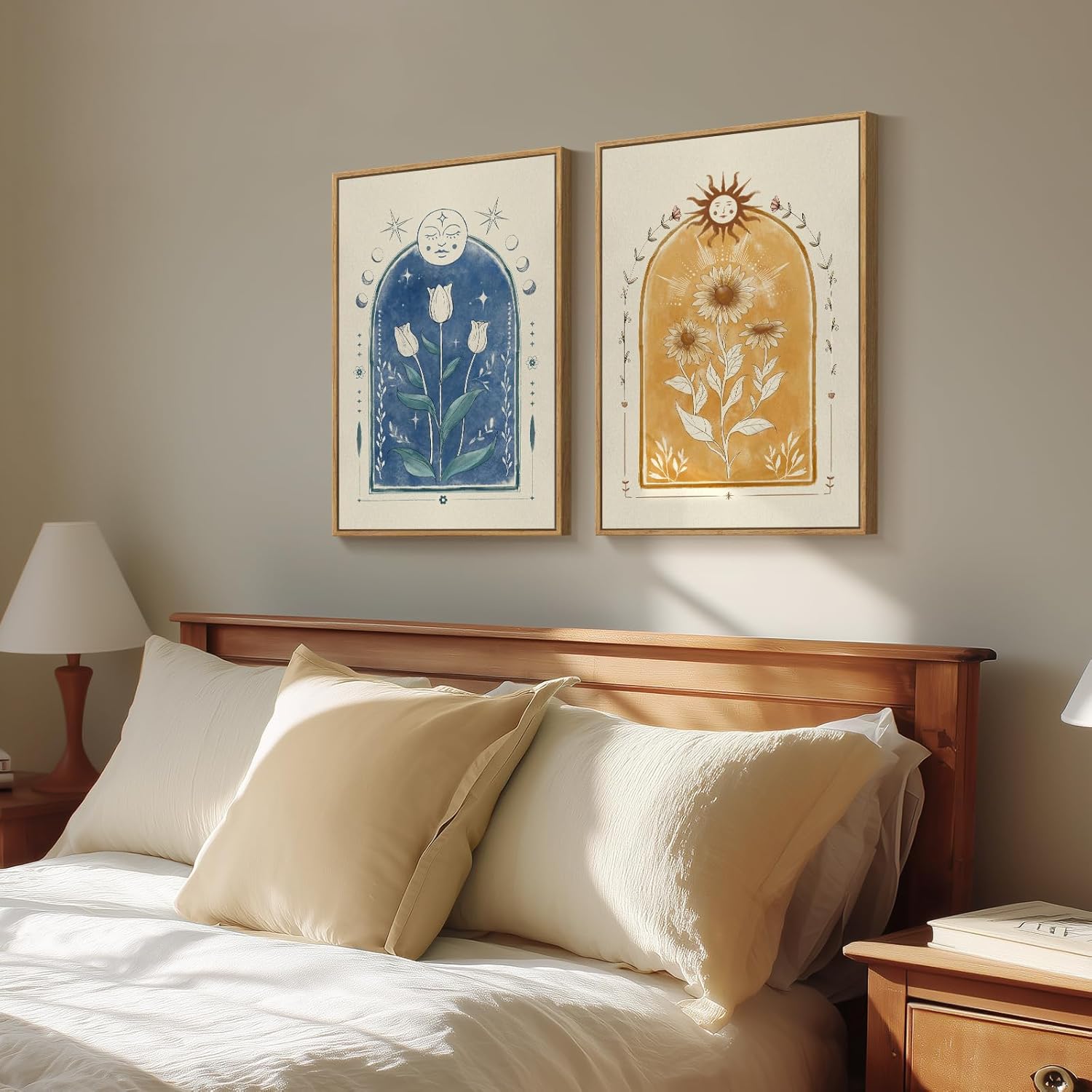 Framed Mid Century Modern Tarot Wall Art for Living Room, Set of 2 Boho Abstract Sun and Moon Floral Canvas Artwork for Walls, Bohemian Painting Print Wall Decor for Bedroom Hallway Office, 16x24 Inch