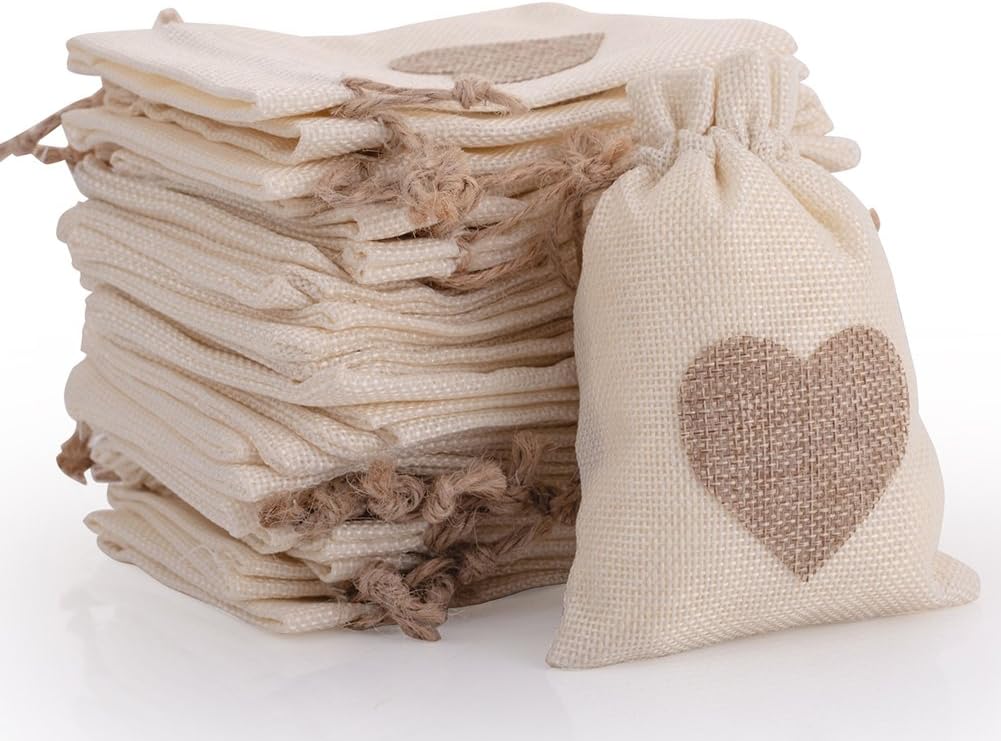 30pcs Burlap Bags with Drawstring Gift Pouches Heart Candy Jewelry Storage Package Sack for Wedding Bridal Shower Birthday Party Christmas Valentine's Day Favors DIY Craft, Beige 5.3x3.8 Inch