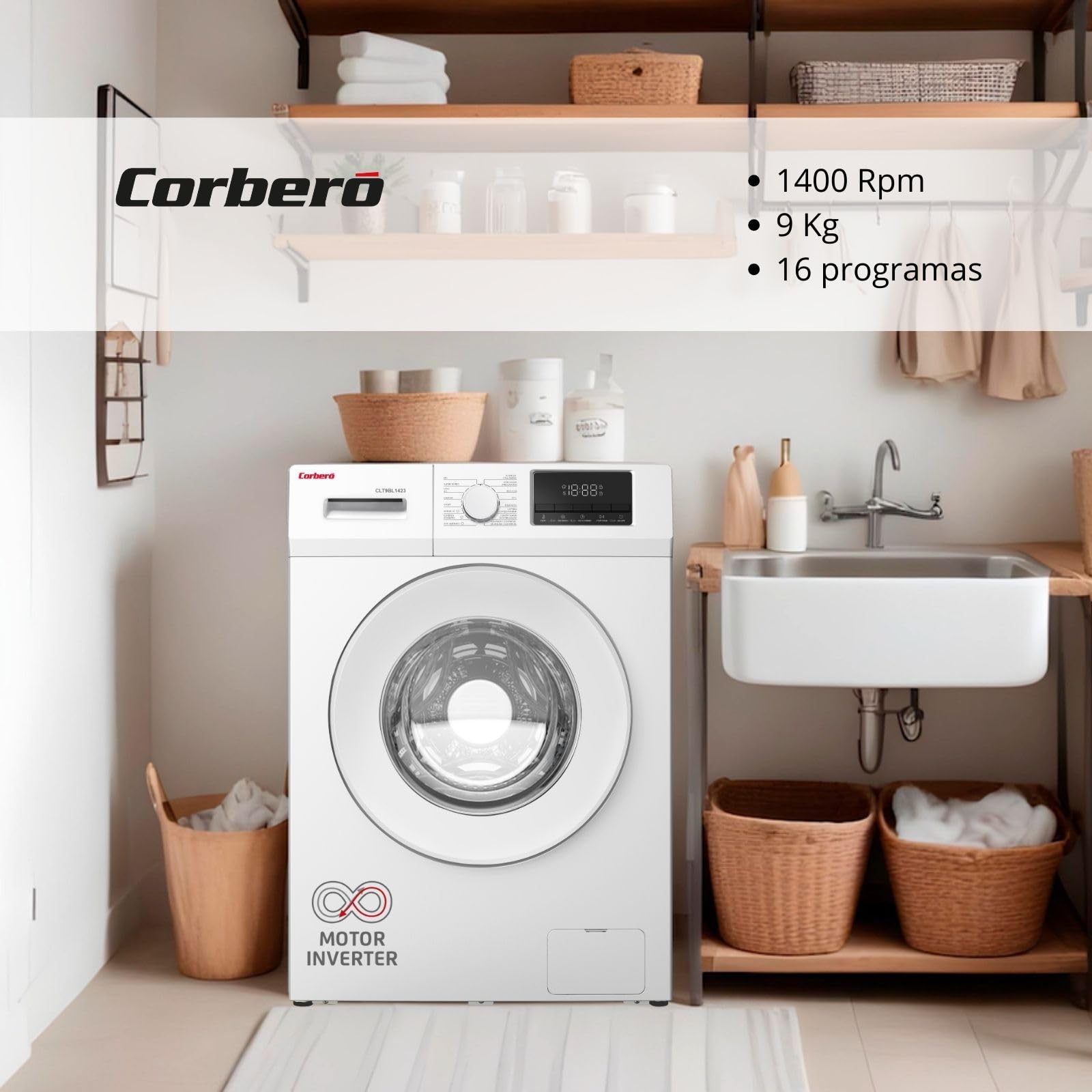 Corbero - Lavadora Carga Frontal | CLT9BL1423 | 9 Kg | 1400 Rpm Inverter | 16 Programas | Vapor | Inicio Diferido | Lavado Rápido | Puerta XXL | Blanco — view 2