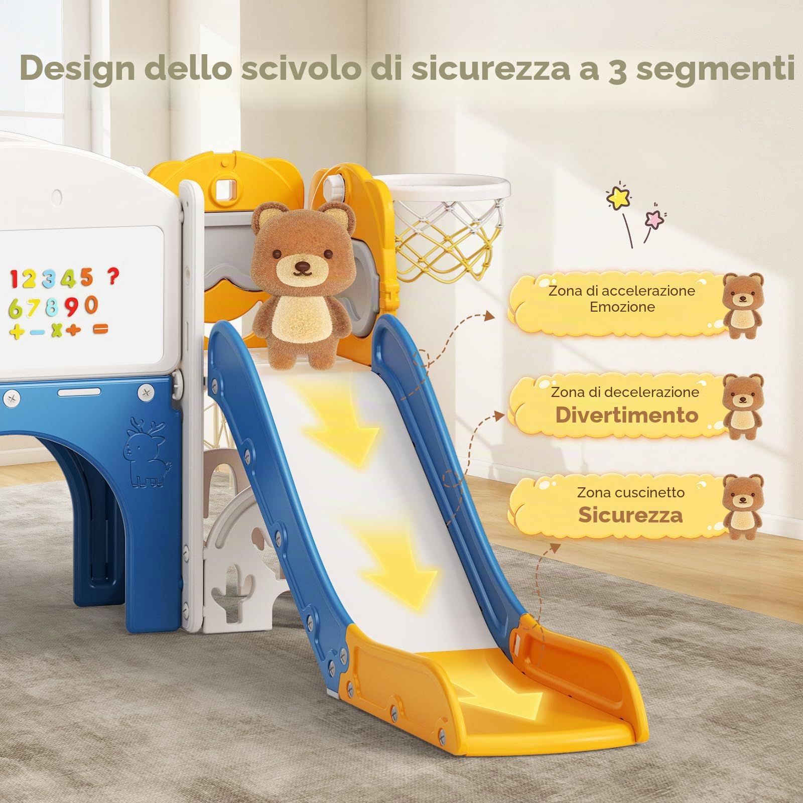 Scivolo per bambini 10 in 1, scivolo per bambini da interno ed esterno con canestro da basket, golf, telescopio e spazio di archiviazione, parco giochi indipendente per il cortile (Arancia blu)