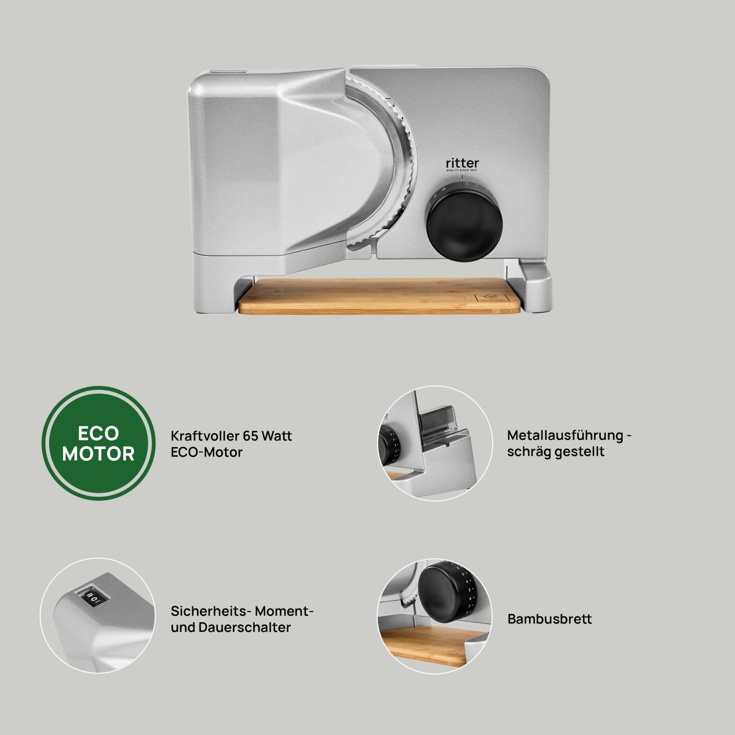 Ritter Varido 5 Elektrischer Allesschneider Brotschneidemaschine aus Metall mit ECO-Motor Made in Germany Silbermetallic