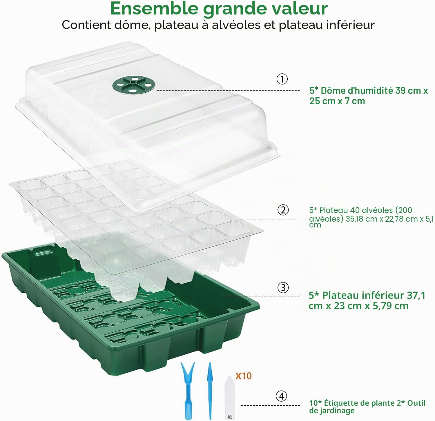 MIXC Mini Serre pour Semis,Lot de 5 Bac à Semis,200 Cellules Plateaux Semis Intérieure avec Dôme Ventilé et Base pour Démarrage des Graines, Vert