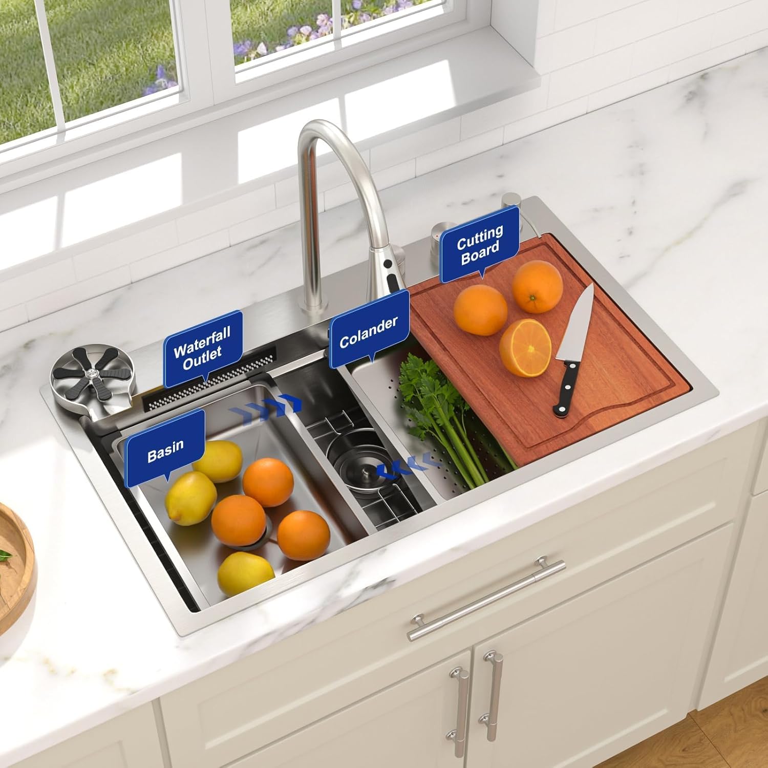 Dcolora 33"x19" Drop In Smart Kitchen Sink with Faucet, Luxury Waterfall Kitchen Sink Stainless Steel Workstation Topmount Sink, 33"x19"x9" #DC-SFDOE00028