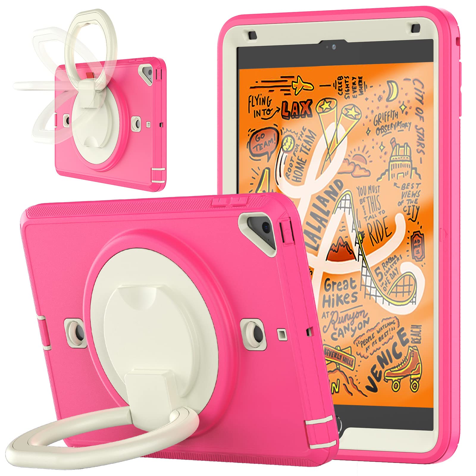 iPad Mini Case for iPad Mini 5 2019/ Mini 4, Anti-Drop Protection and Shockproof Full Stand Handle 360 Rotating Shoulder Strap for iPad Mini 5/4 Case(Pink