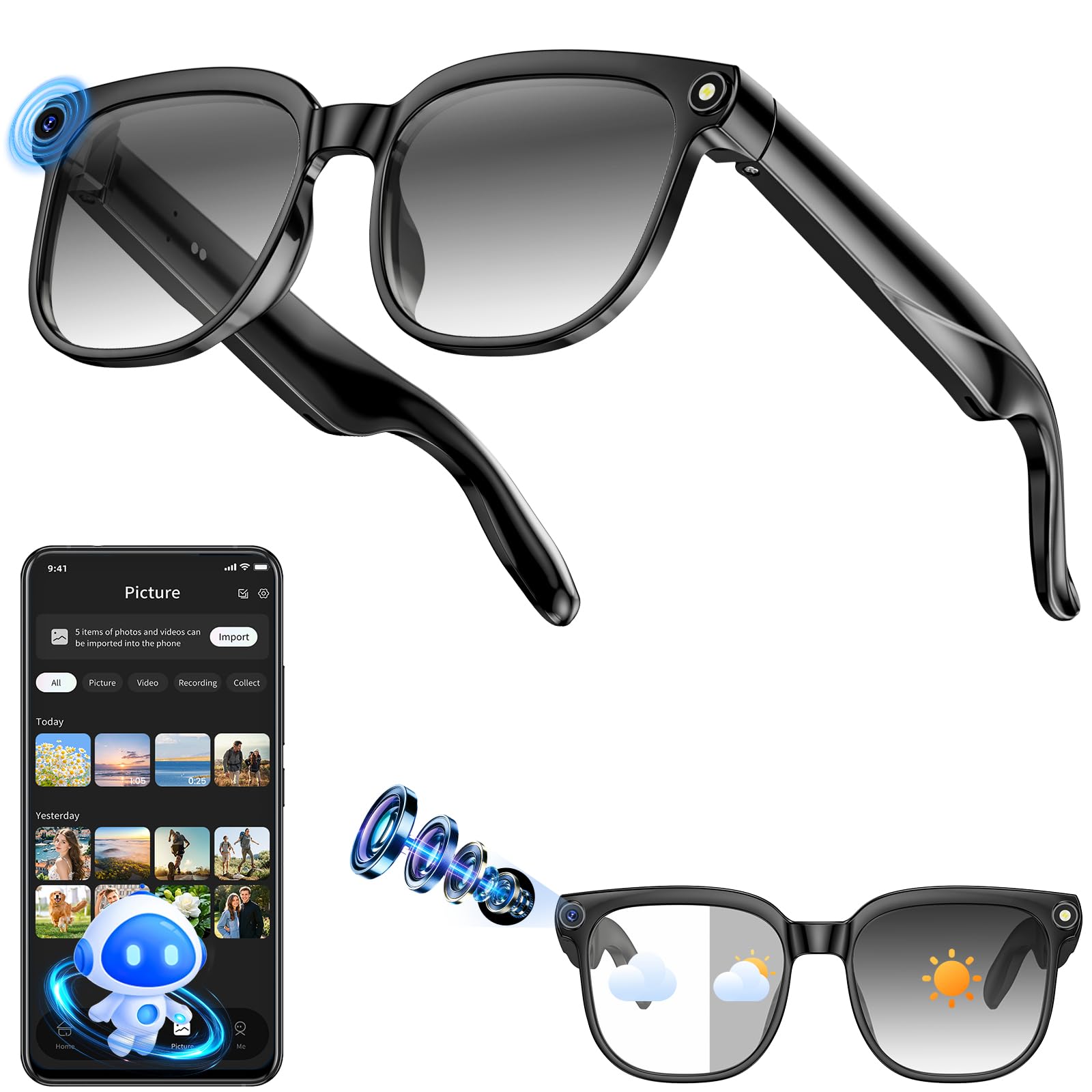 Occhiali Smart con Fotocamera 8MP,Smart Glasses AI,Occhiali Intelligenti con Fotografia/Registrazione/Chiamate Intelligenti/Musicale/Traduzione/Riconoscimento Immagini, Nero