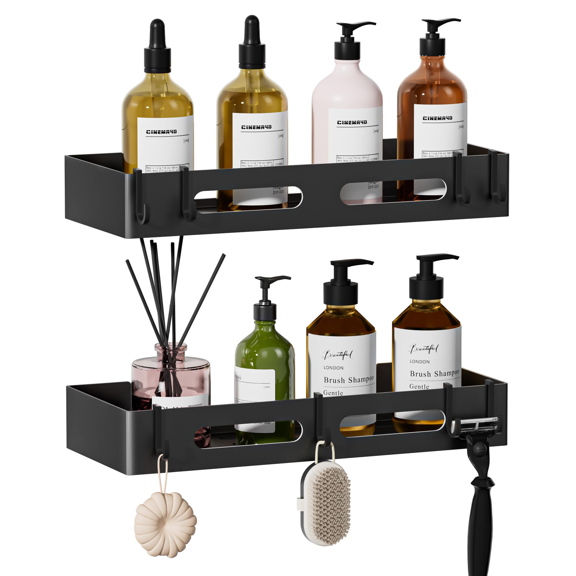 Wisfame Duschablage ohne Bohren Badregal Schwarz, Badezimmer Regal Ohne Bohren Rostfreie, Duschregal Fliesen Bad mit großer Kapazität,Shampoo Halterung für Duschel,2 Stück