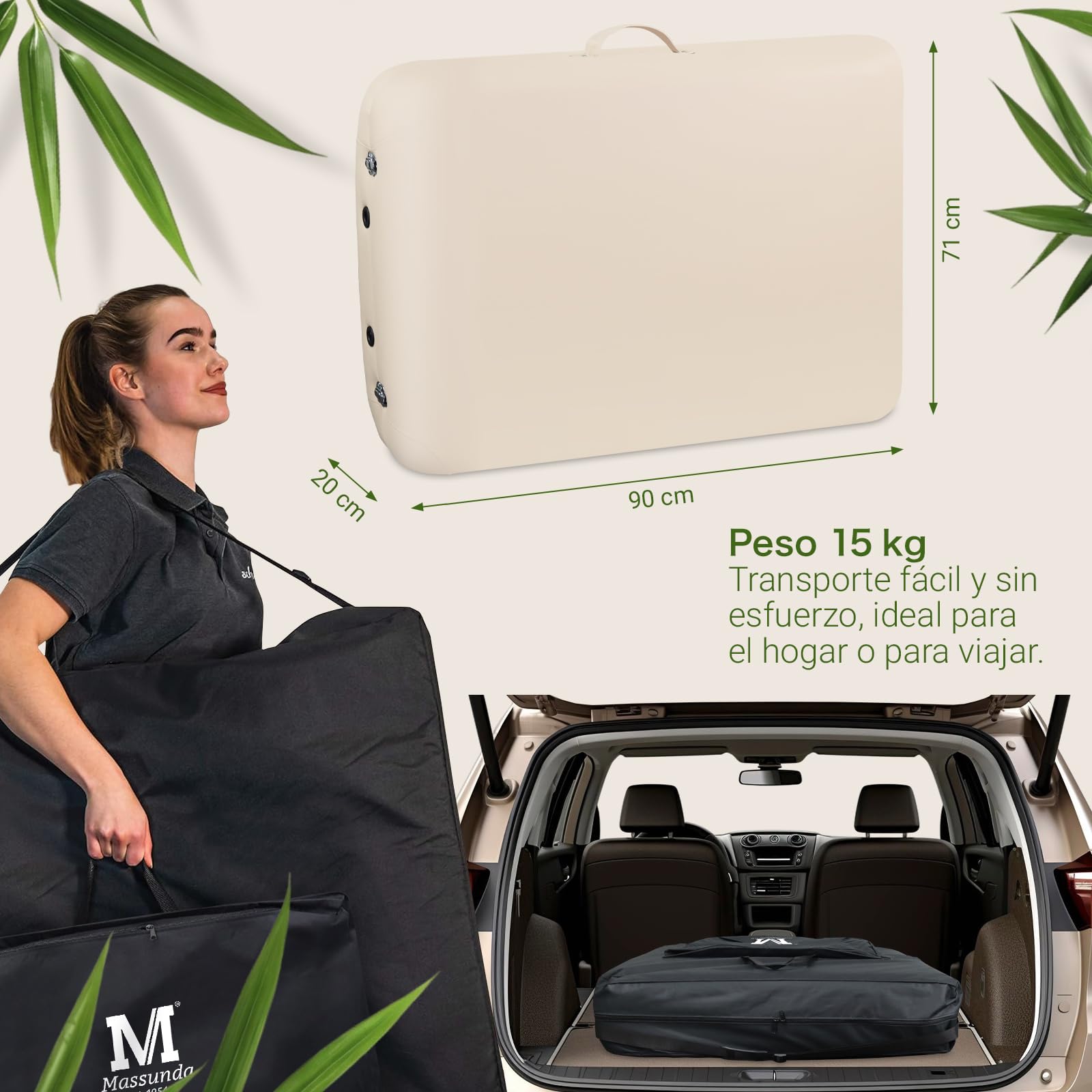MASSUNDA - Camilla Masaje móvil Confort Deluxe Regulable en Altura - Camilla estetica Ancha de Madera Maciza - Camilla con reposacabezas ergonómico, Funda, reposabrazos, cojín (Negro) Crema