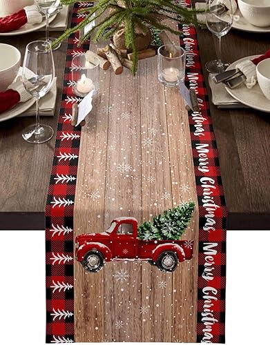 Camino de mesa de camión rojo de Navidad, búfalo negro, a cuadros, algodón, lino, bufanda de cena de invierno, bufandas largas de 120 pulgadas,