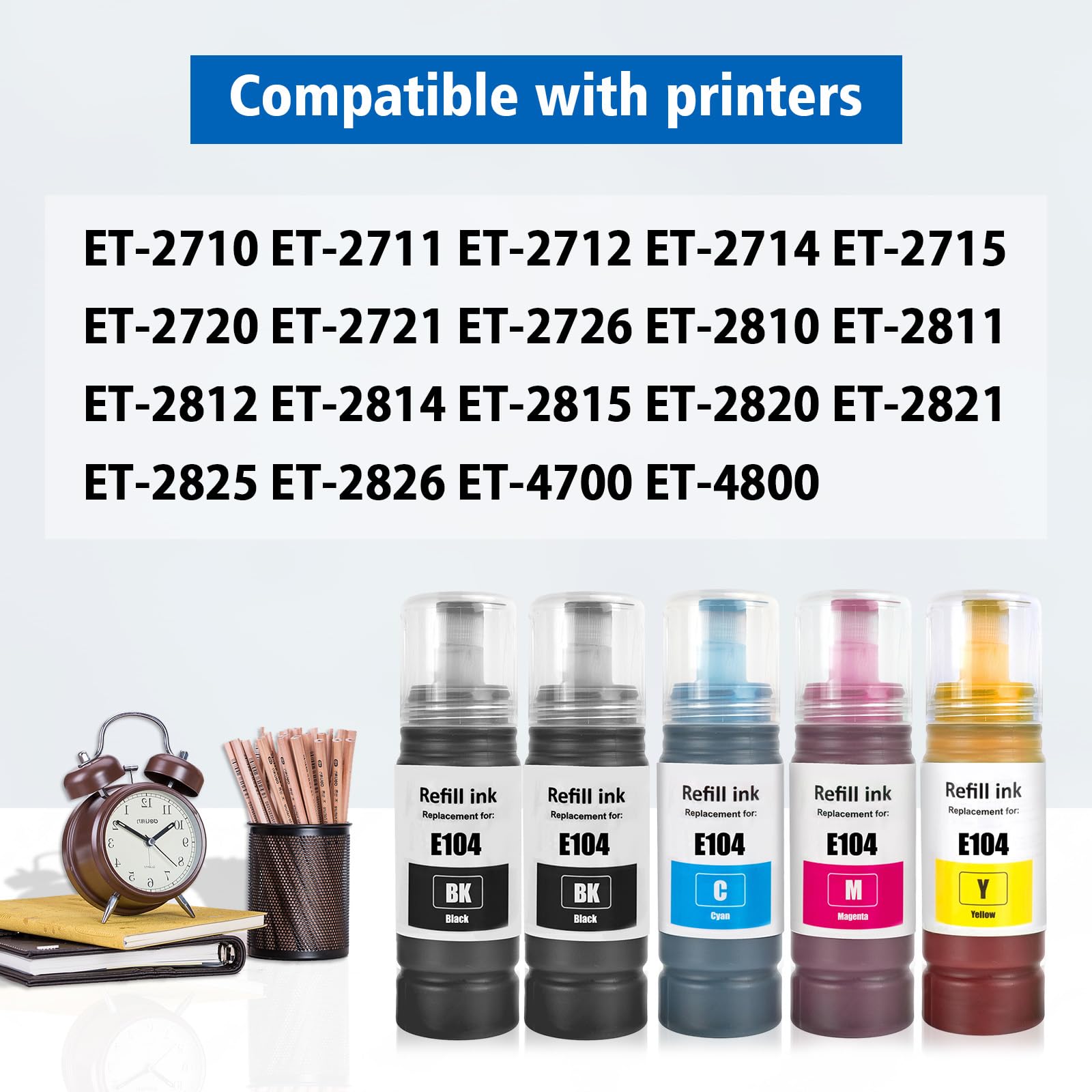 104 Inchiostro Multipla Compatibile per Epson 104 ET-2810 ET-2815 ET-2820 ET-2825 ET-2710 ET-2711 ET-2712 ET-2714 ET-2715 ET-2720 ET-2721 ET-2726 ET-4700 ET-4800 Stampante (BK*2/C/M/Y)