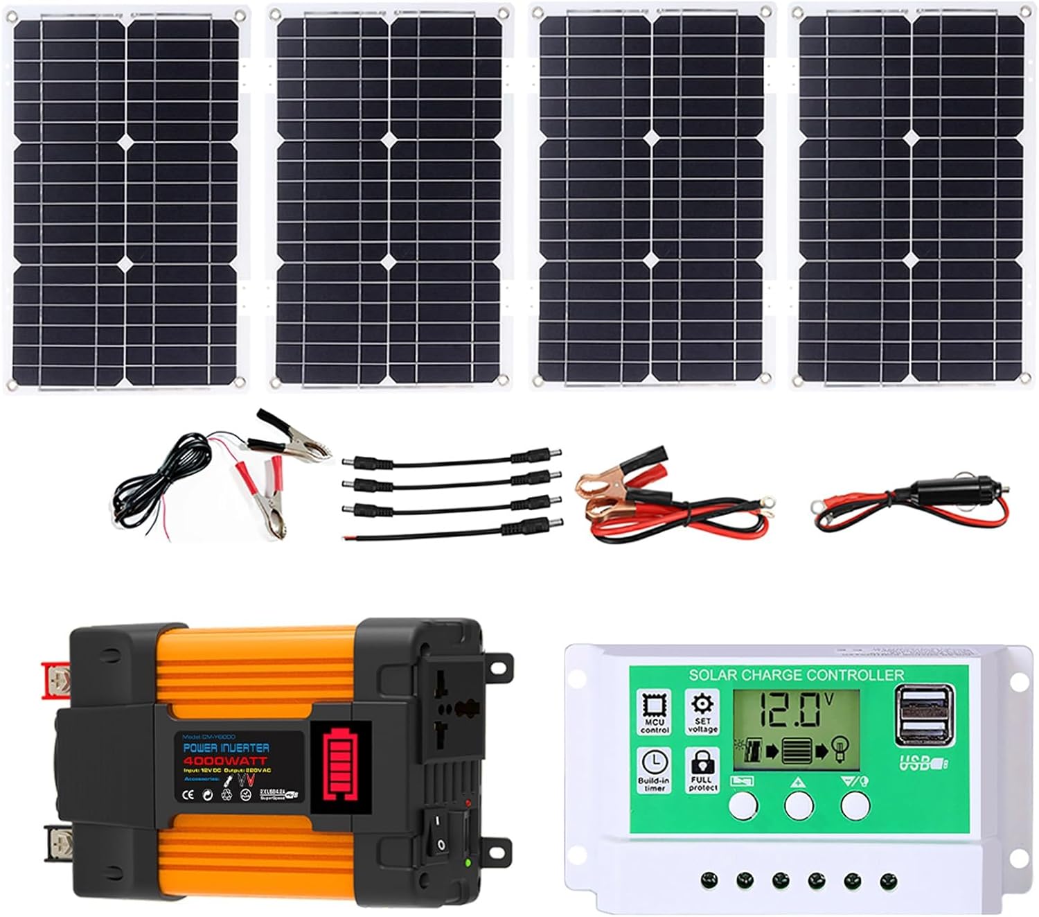 4000W/6000W Solar Inverter Kit with 100W Panels & 50A Charge Controller, Off-Grid Power System for Home Backup, RV, Cabin, Outdoor Energy Use(4000W,12V-110V)