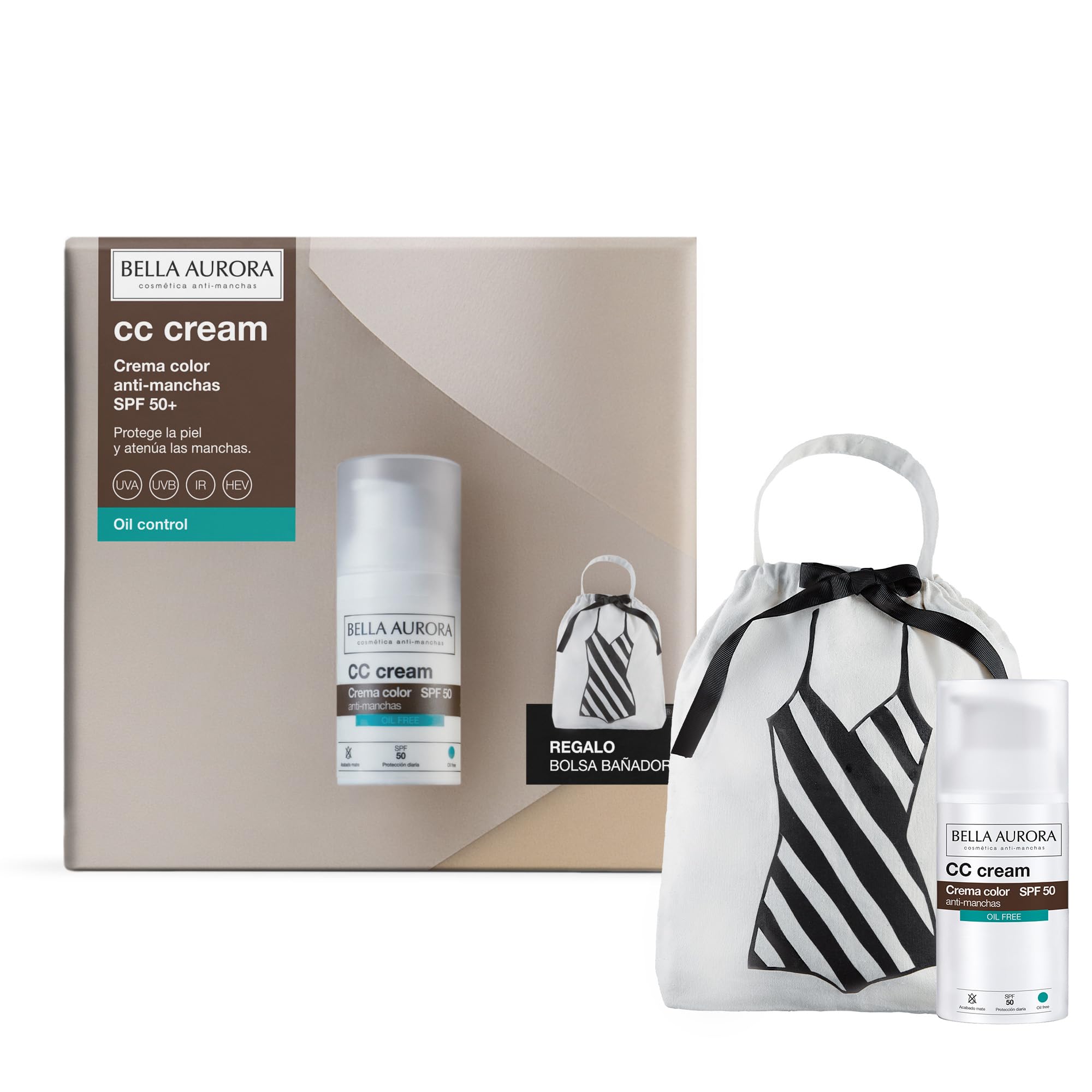 BELLA AURORA - Pack CC Cream Antimanchas Oil Control SPF50+ 30 ml + Bolsa Bañador, Protector Solar Antimanchas, Crema Color Antimanchas, para Pieles con Brillo o Mixtas-Grasas, Crema Solar Facial