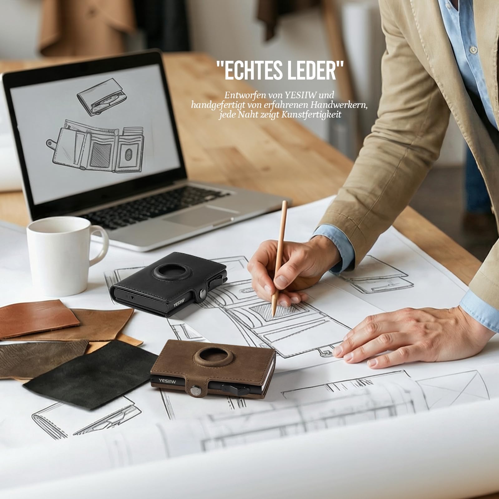 YESIIW Geldbörse Herren Echt Leder mit AirTag Fach – RFID Portmonee Herren AirTag mit Pop-Up Kartenetui für 10 Karten & 2 Ausweise, Smart Wallet mit Münzfach, für Alltag, Reise & Büro, Schwarz