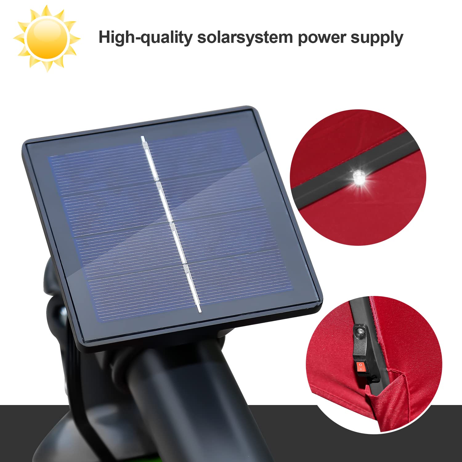 Sombrilla de 300 cm, grande, LED, solar, incluye manivela de aluminio con soporte, protección UV, impermeable, para balcón, jardín, terraza, color rojo, rojo, Ø300 cm mit LED…