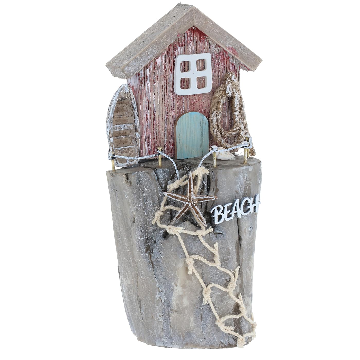 Shudehill Giftware Multicolour Sandy Bay Standing Beach House Ornament - Rustic Coastal Themed Design With Lighthouse, Anchor, Log House And More