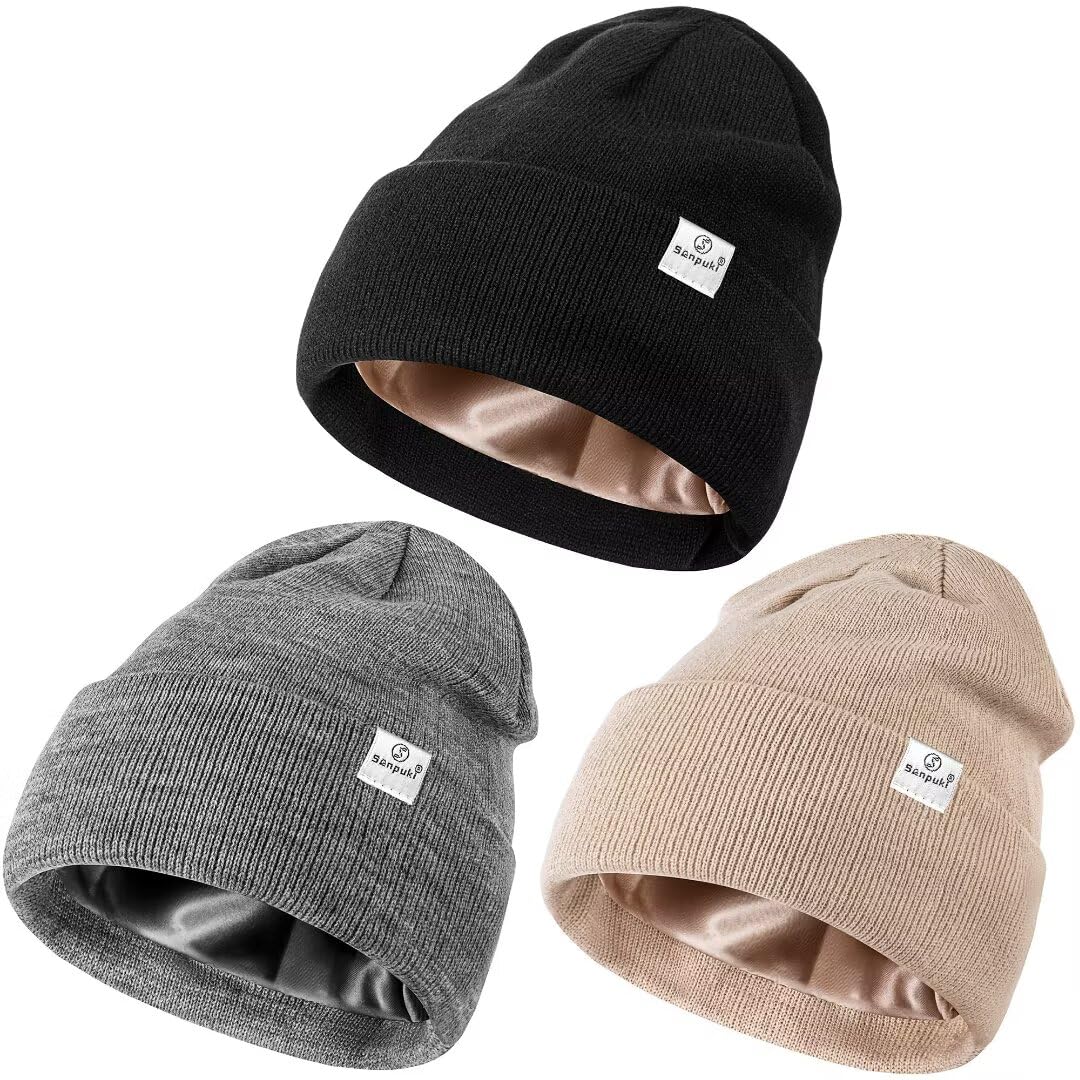 3 Pack Satin Lined Winter Beanie Hats for Women Silk Lined Soft Hat Stocking Stuffers for Women
