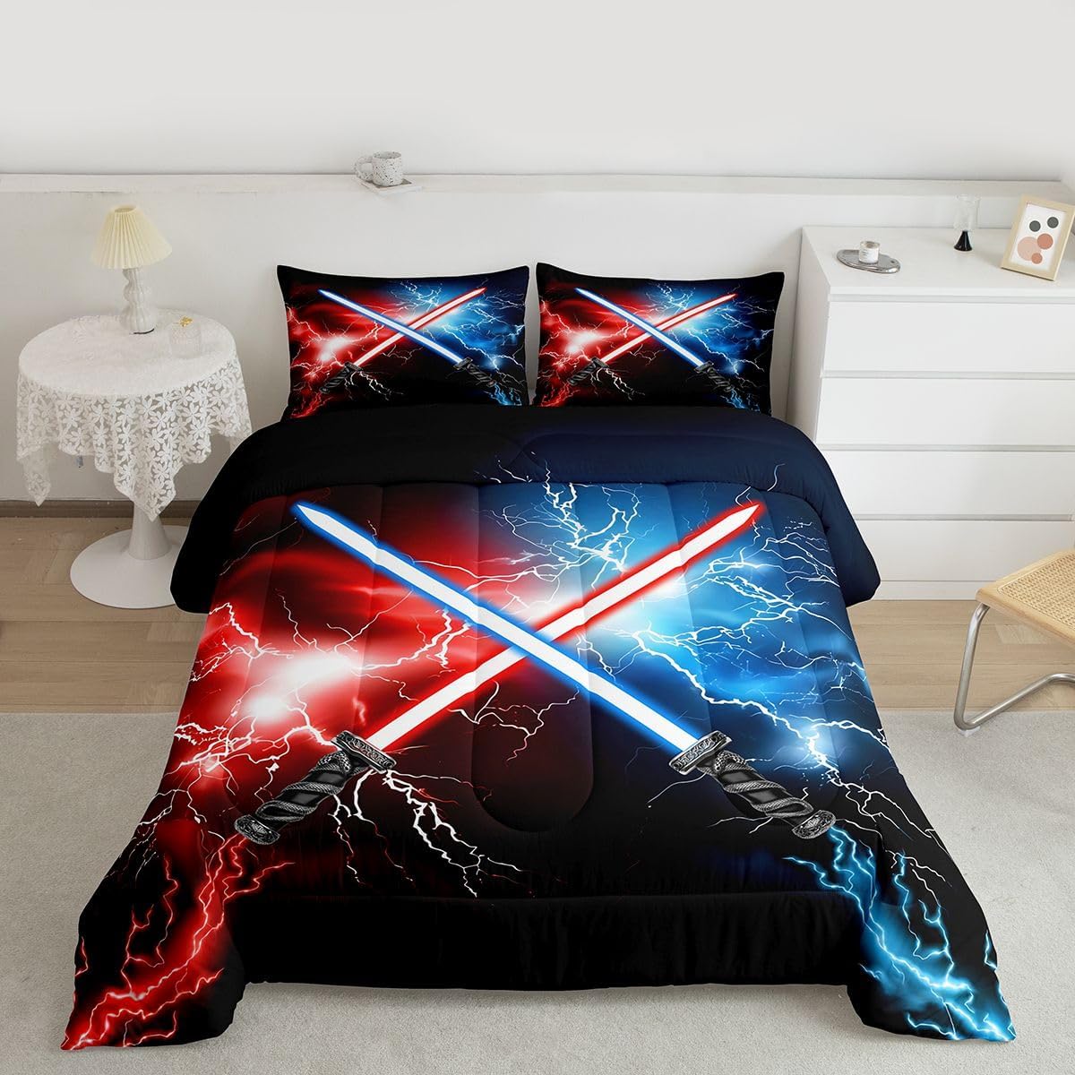Feelyou Lightsaber Comforter Set Twin Size Kids Red Blue Comforter for Boys Teens Lightsaber Grommet Bedding Set Future Technology Duvet Set Room Decor Quilt Set with 1 Pillow Case