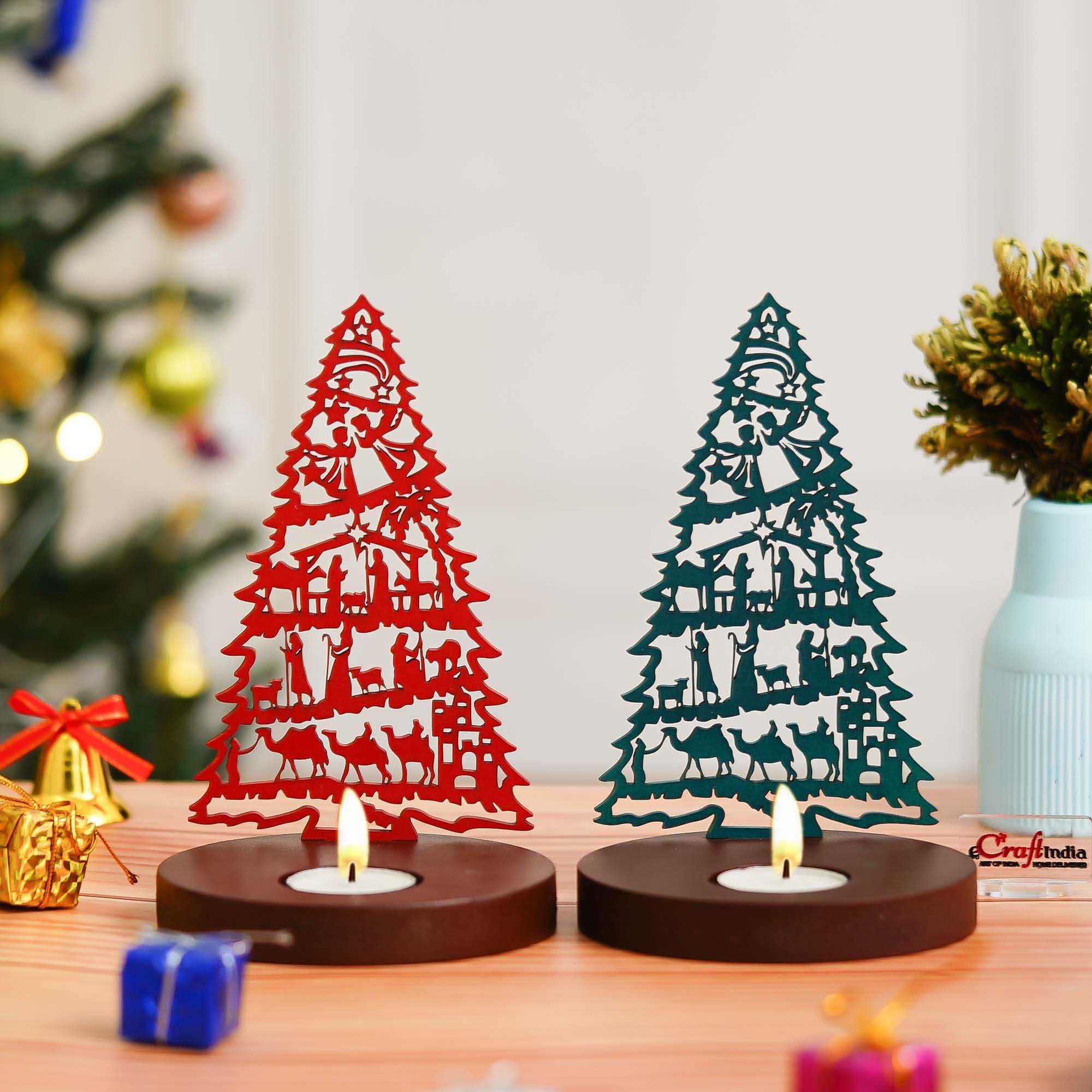 eCraftIndia Jesus Nativity Scene Christmas Tree Tea Light Candle Holders(Set of 2 Wooden Red Green) | Christmas Decorations Items for Home Office Decor Xmas Gifts for Women Men Family Friends