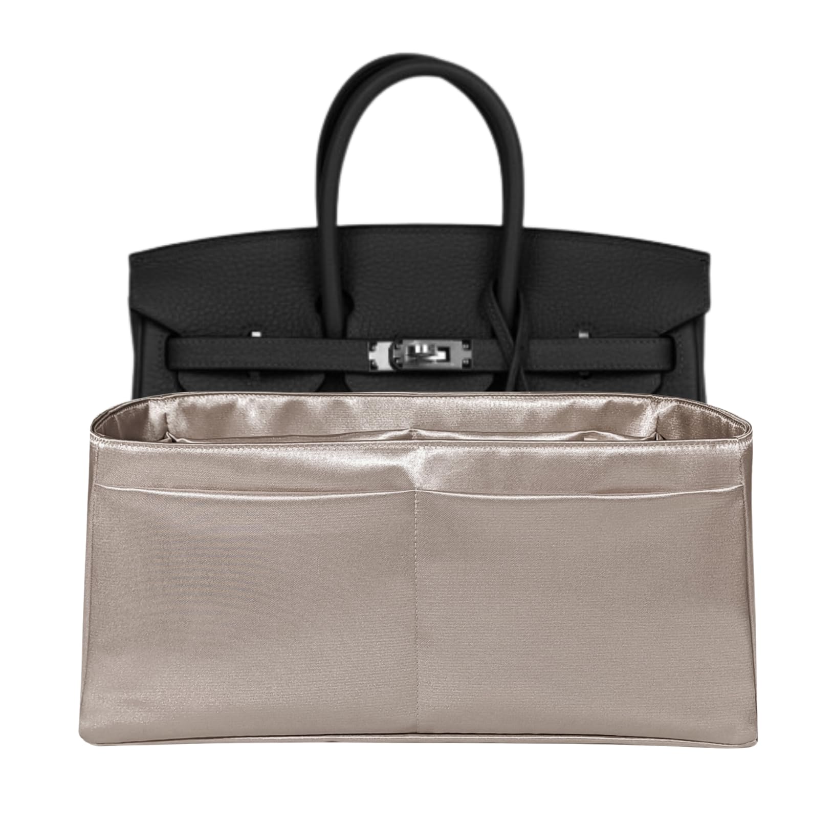 Meenda Purse Organizer Insert for Birkin 25, Premium Satin Handbag Organizer, thin, Lightweight, soft, smooth, silky texture, flexible, (Gray Beige