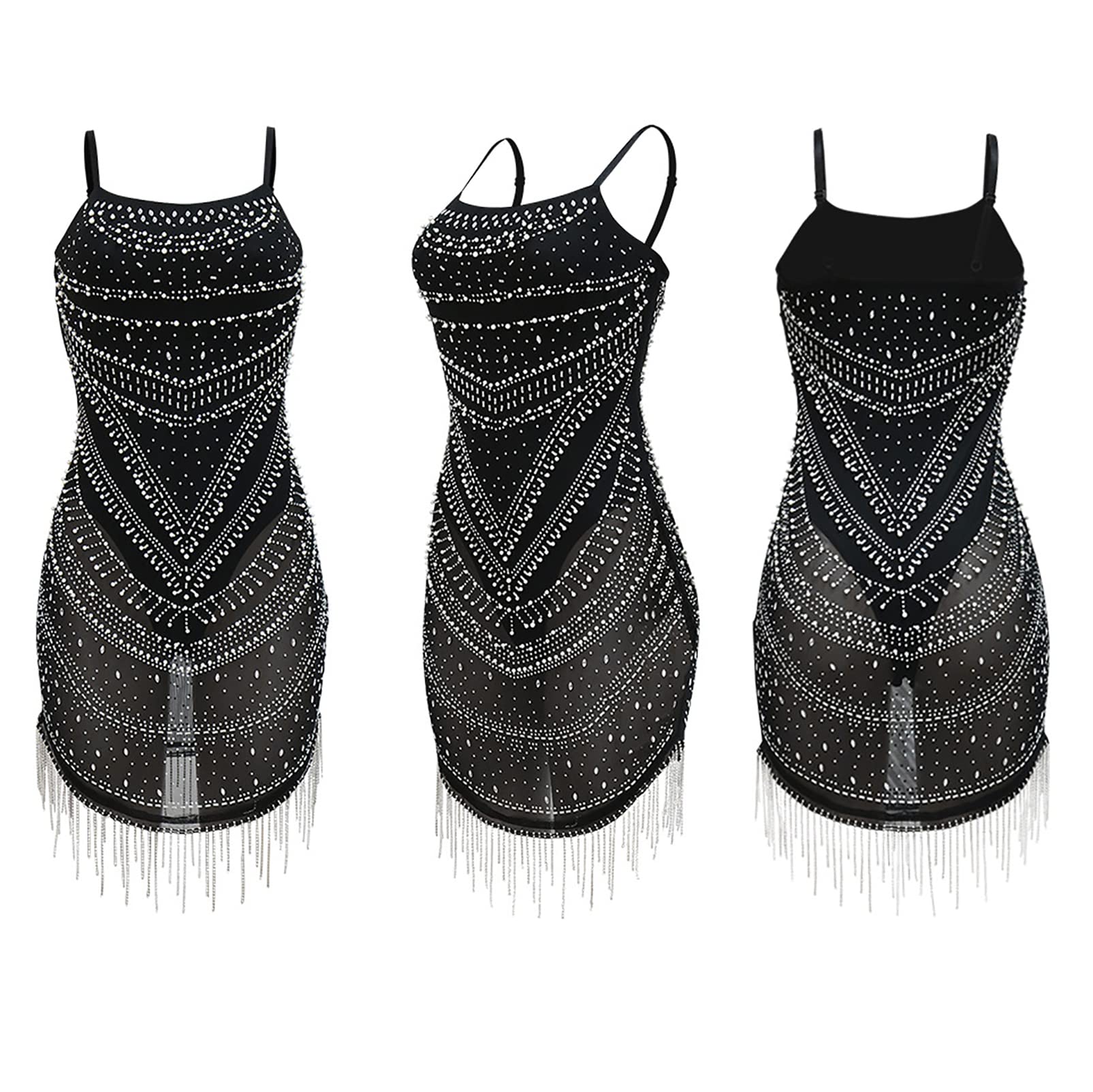 CUTTE Vestido de Club Nocturno con Lentejuelas para Mujer, Vestidos de Fiesta de Graduación Vestido con Flecos Tirantes Finos Sin Mangas Vestidos de Verano con Cuentas de Lentejuelas