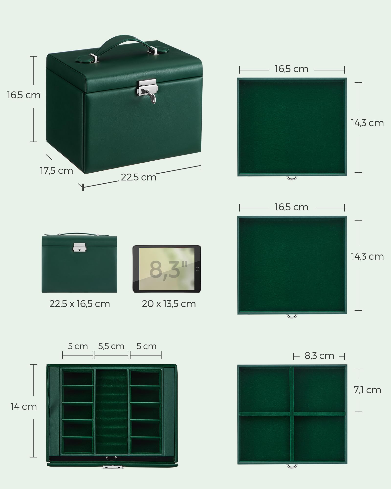 SONGMICS Sieradendoosje met 4 niveaus, sieradendoos met handvat, 3 laden, sieradendoos met spiegel, slot, sieradenopslag voor reizen, modern, cadeau- idee, klassiek wit JBC159W01
