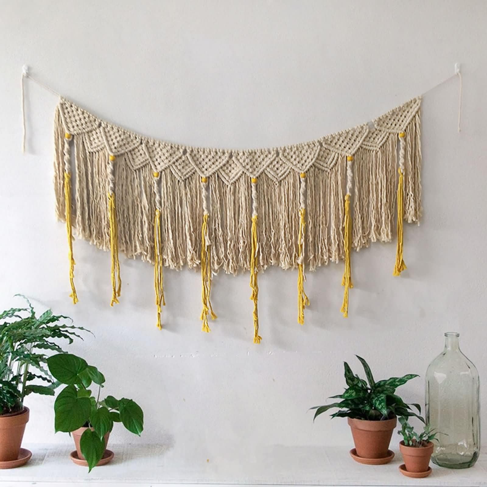 Makramee Wandteppich, Baumwolle Geflochtene Quasten Wall Art Decor für Schlafzimmer Wohnzimmer Wohnung Ornament, Beige Gelb, 136x40cm