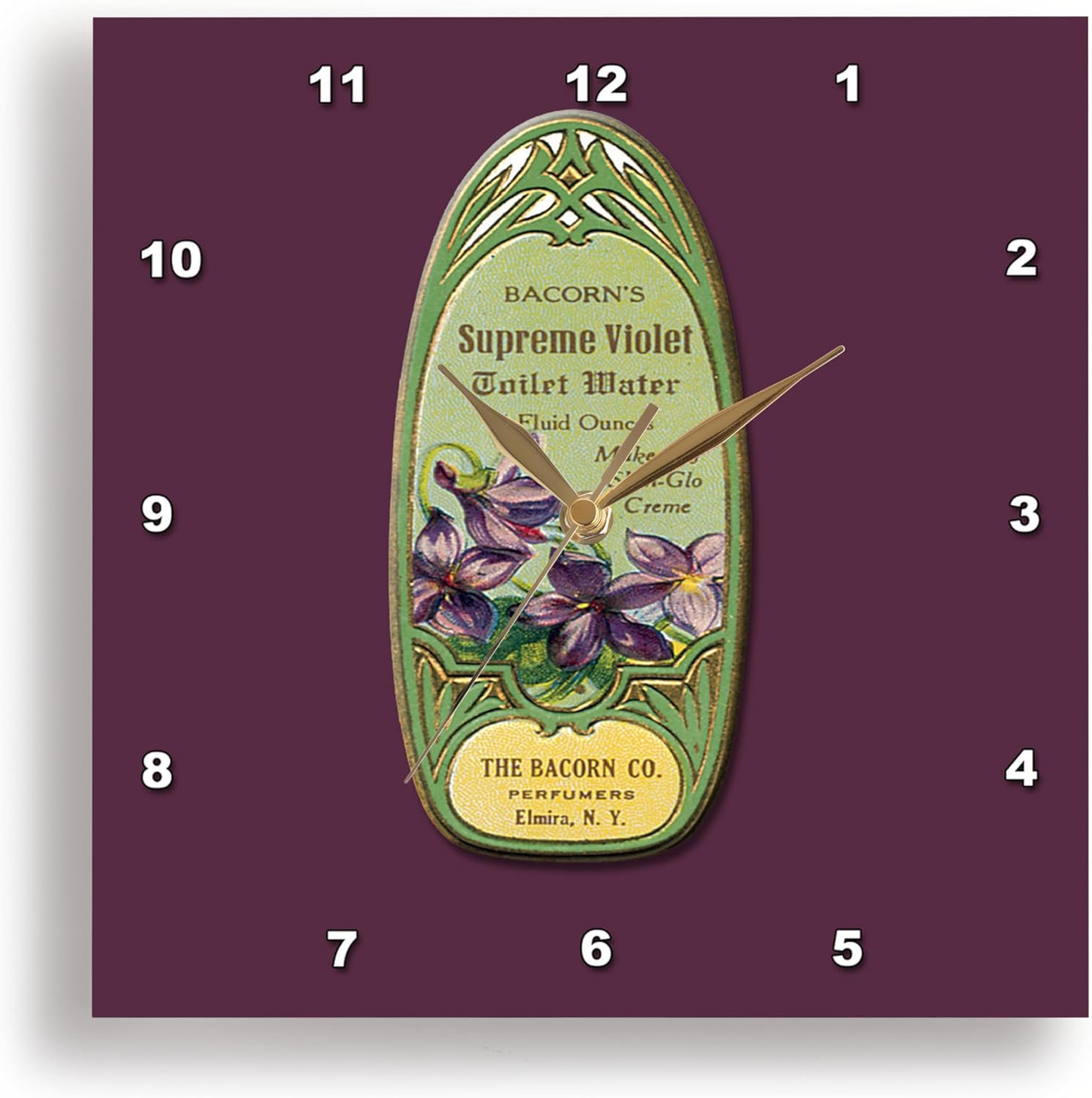 3dRose Wall Clock Silent - 15 inch - Bacorns Supreme Violet Toilet Water Perfume Bottle Label - BLN Vintage Perfume and Toiletry Labels and Posters
